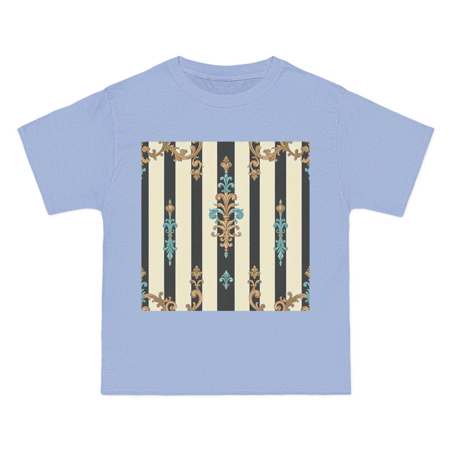 Elegant Floral Pattern Tee, Vintage Style T-Shirt, Gift for Her, Casual Outfit - Black Striped Turquoise & Black Rococo