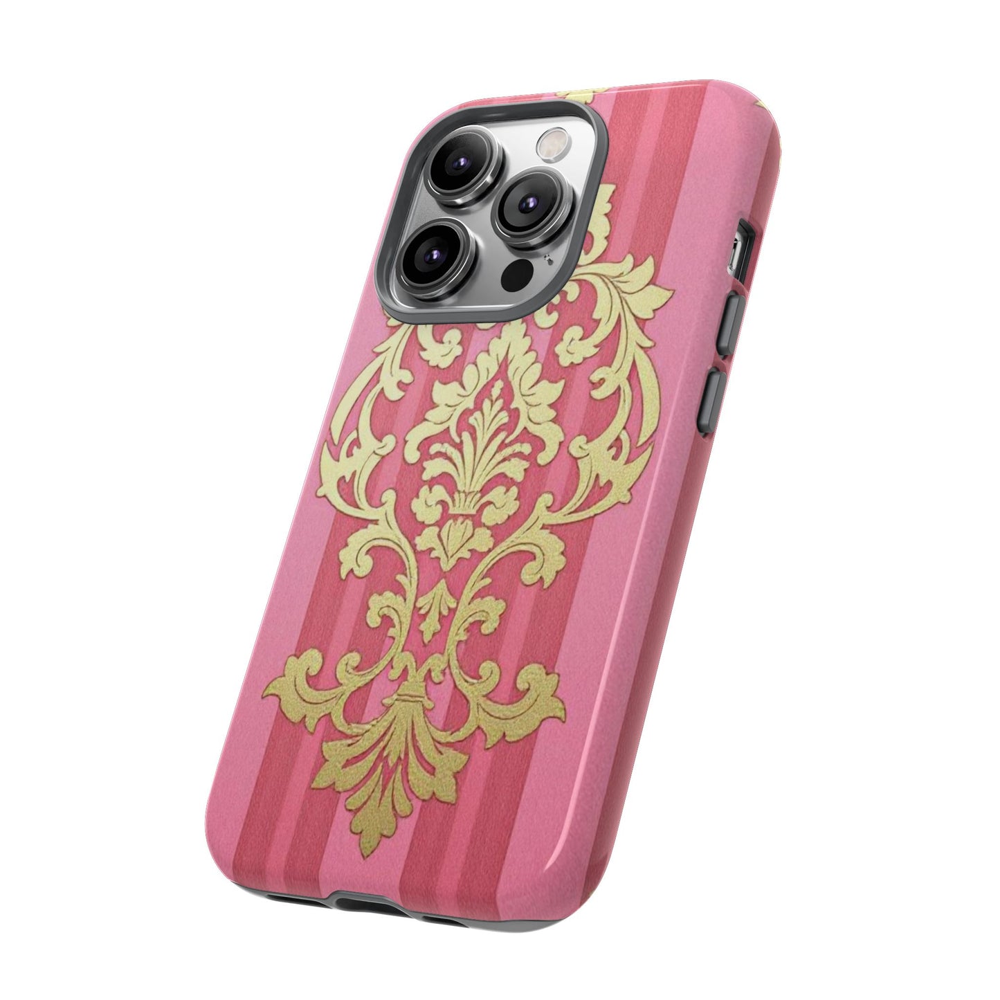 Elegant Floral Motif Phone Case - Tough Cases with Vintage Design - Pink Striped Damask