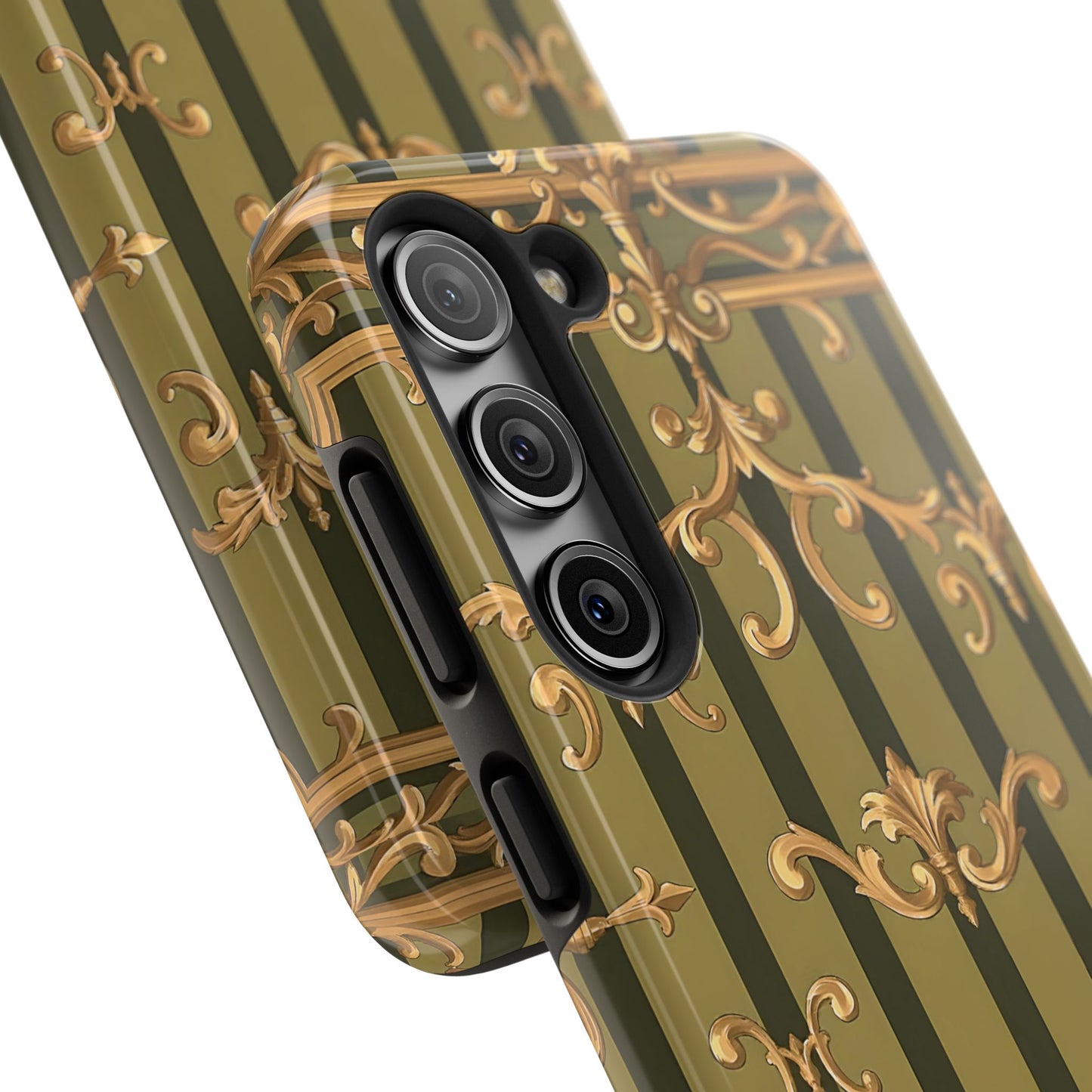 Elegant Vintage Phone Case - Tough Protection with Classy Design, Stylish Phone Cover for Fashion Lovers - Olive Green Striped Rococo