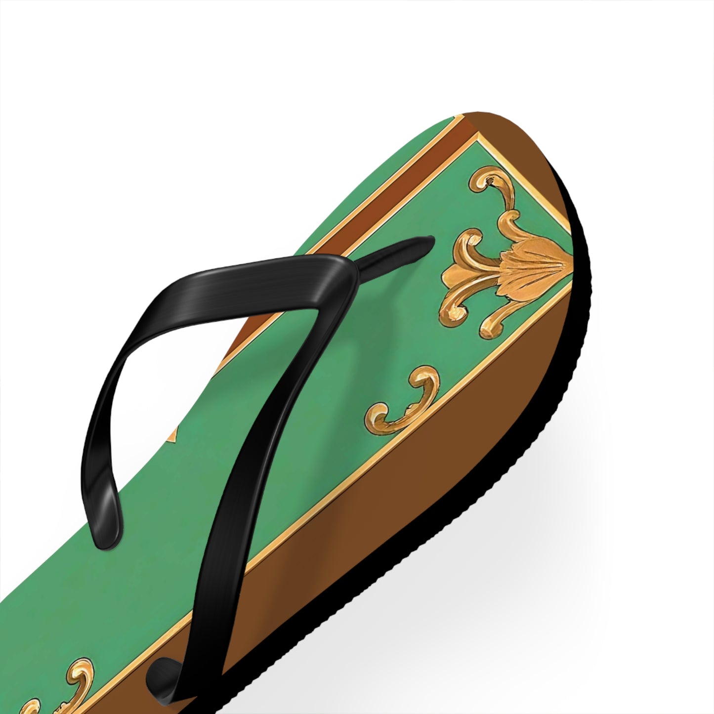 Elegant Floral Flip Flops for Summer Getaways - Rust & Green Striped Baroque