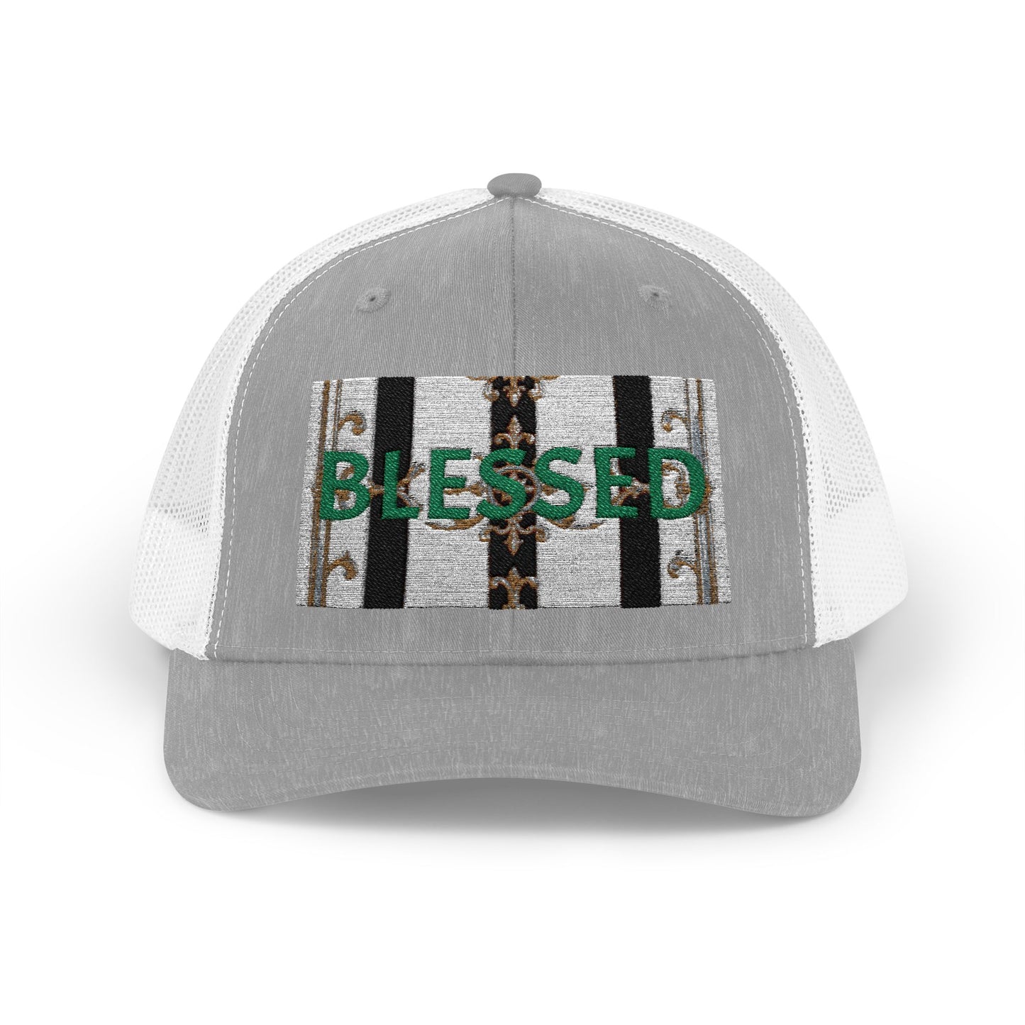 Blessed Snapback Trucker Cap | Casual Style, Outdoor Gear, Faith-Based Gift, Adjustable Hat, Everyday Fashion - Black & White Striped Gold Baroque