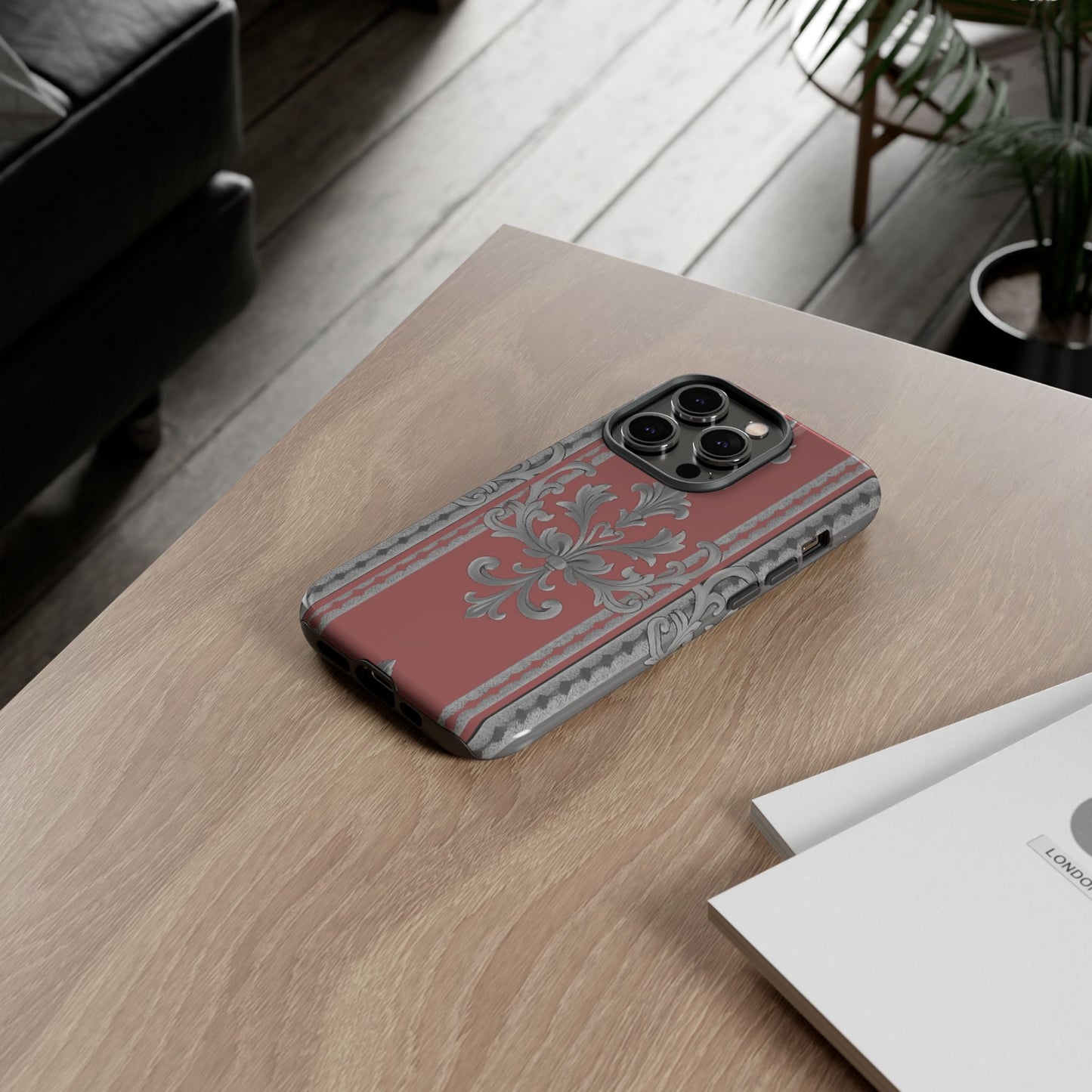 Elegant Floral Phone Case - Tough Cases for Stylish Protection - Gray & Mauve Striped Baroque