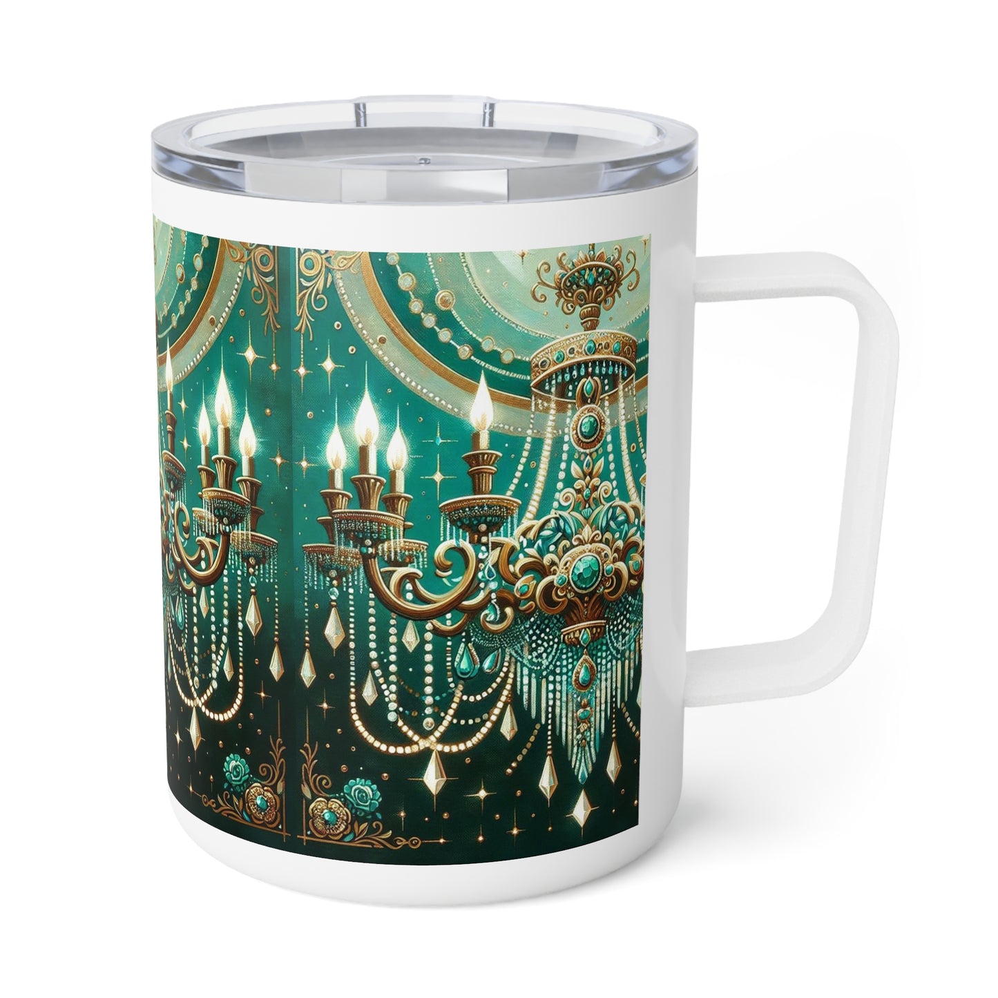 Insulated Coffee Mug, 10oz - Green & Gold Jeweled Chandelier