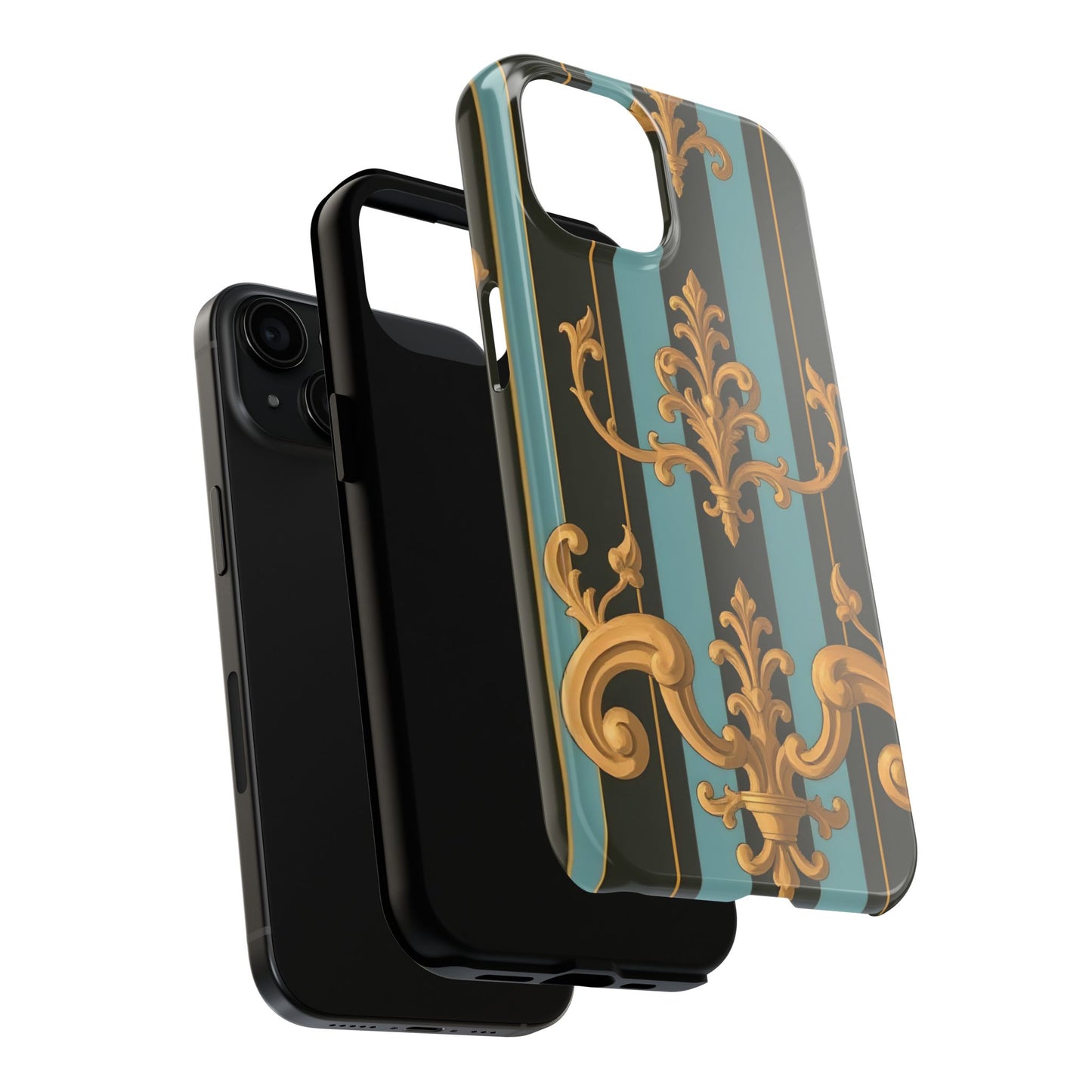 Elegant Baroque Tough Phone Case, Stylish Phone Cover, Durable iPhone Case, Unique Gift - Black & Turquoise Striped Baroque
