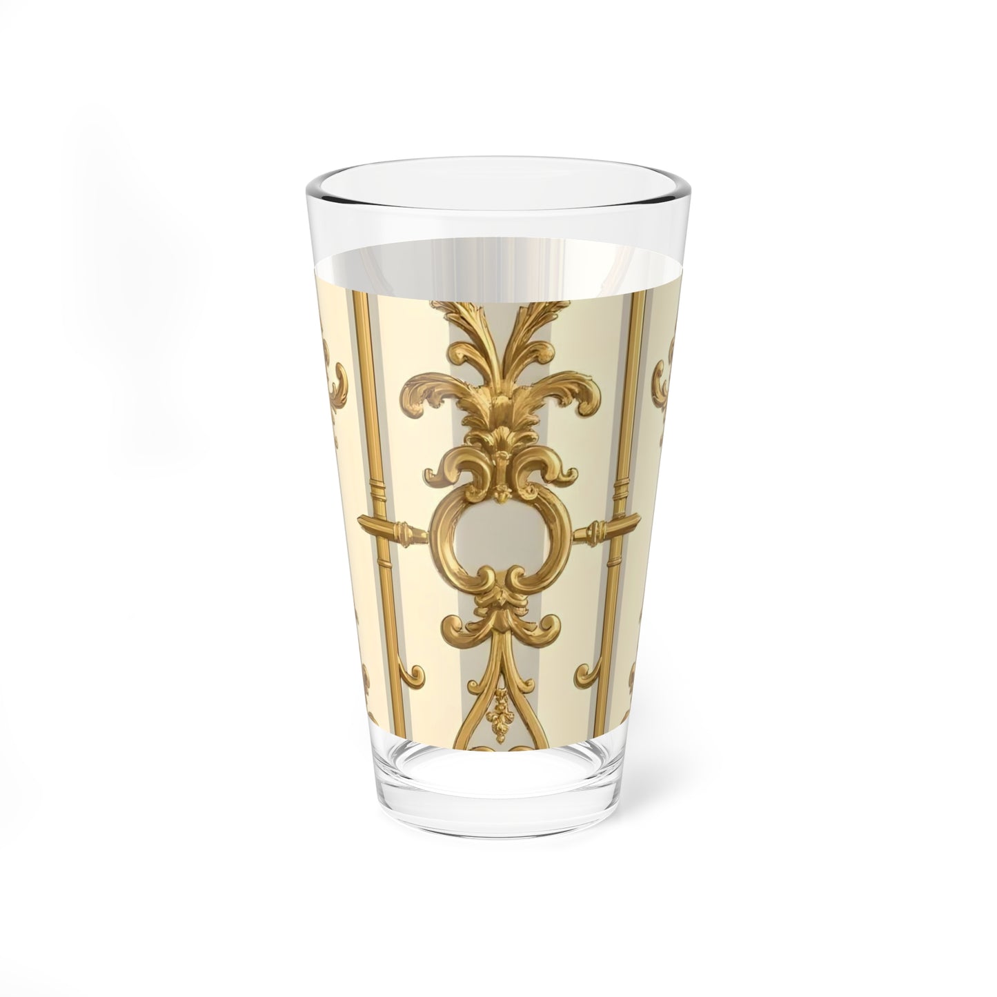 Elegant Mixing Glass, 16oz | Decorative Cocktail Glass, Luxe Home Bar Accessory, Gift for Hostess - Matte Gray & Cream Striped Gold Baroque