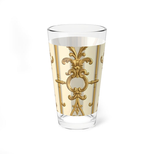 Elegant Mixing Glass, 16oz | Decorative Cocktail Glass, Luxe Home Bar Accessory, Gift for Hostess - Matte Gray & Cream Striped Gold Baroque