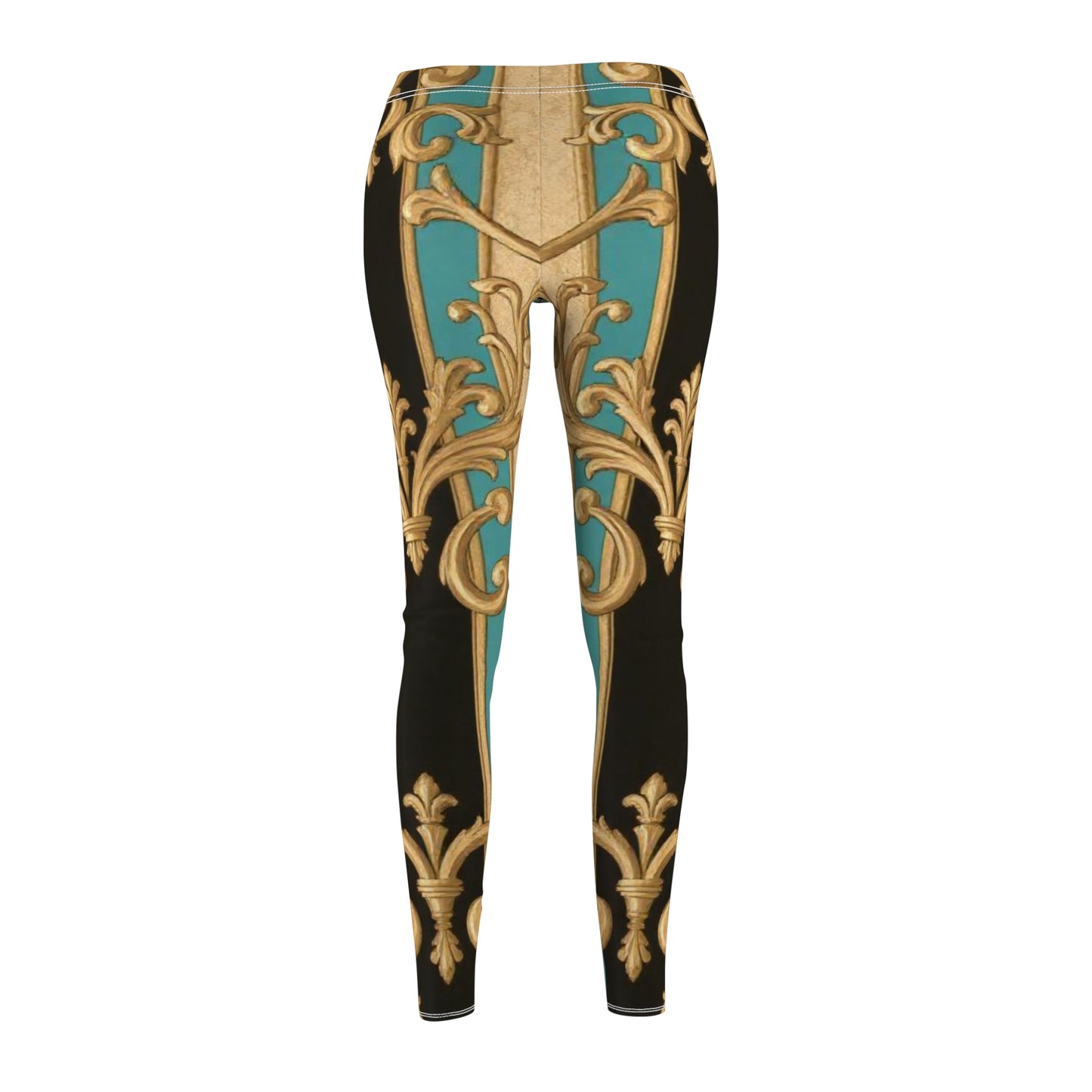 Black, Tan & Ocean Green Striped Gold Baroque Women's Leggings, Casual Stretch Pants, Fashionable Activewear, Unique Gift for Her