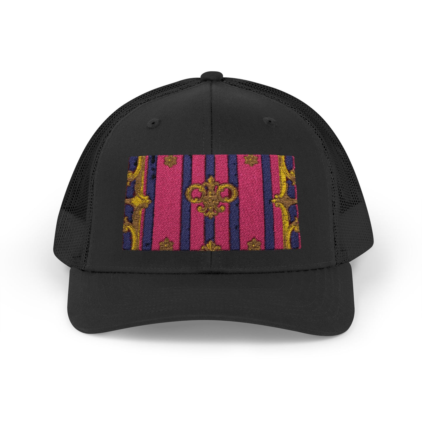 Vibrant Snapback Trucker Cap, Stylish Outdoor Hat, Trendy Fashion Accessory, Gift for Him or Her - Pink Striped Gold Baroque