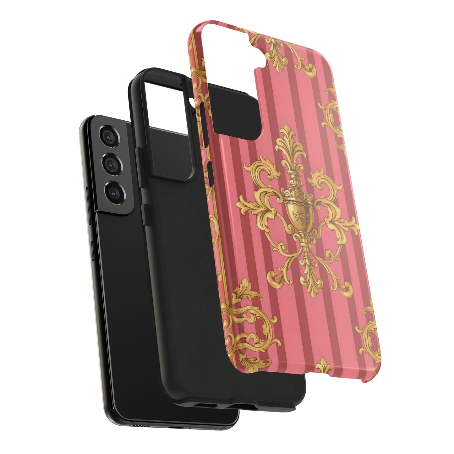 Elegant Baroque Tough Phone Cases, Durable Phone Cover, Stylish Accessory, Gift for Any Occasion - Pink Striped Gold Baroque