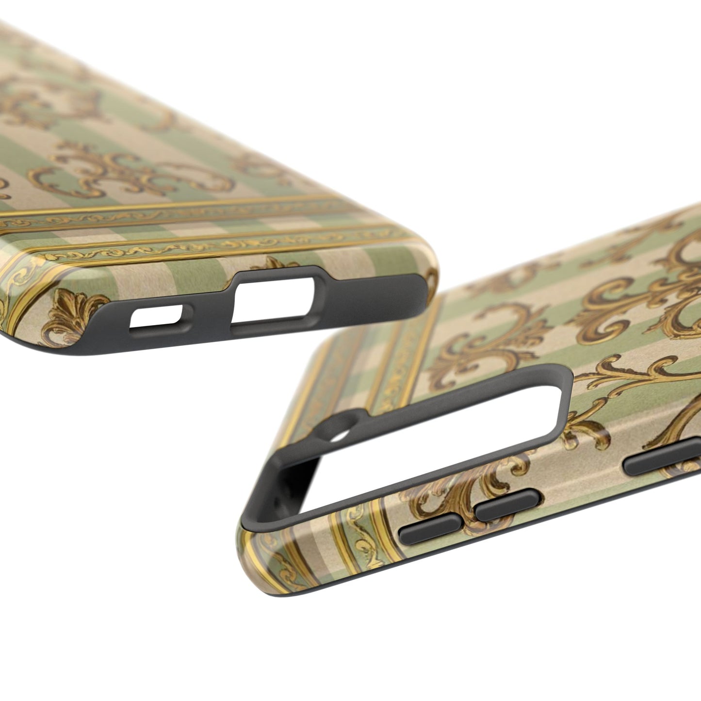 Vintage Elegance Phone Case, Tough Phone Cases for Style, Gift for Birthdays, Stylish Protection - Mint Green & Beige Striped Gold Baroque