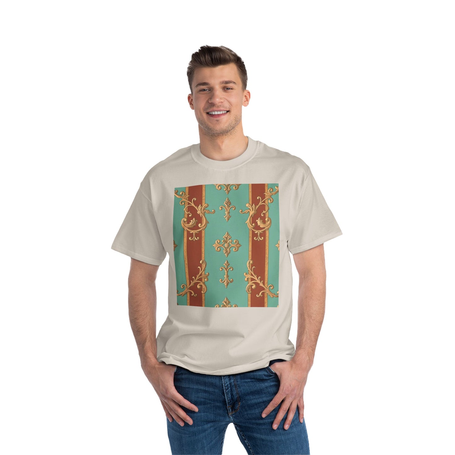 Elegant Vintage Patterned T-Shirt | Vintage Style Tee, Casual Wear, Retro Aesthetic - Rust & Mint Aqua Striped Baroque