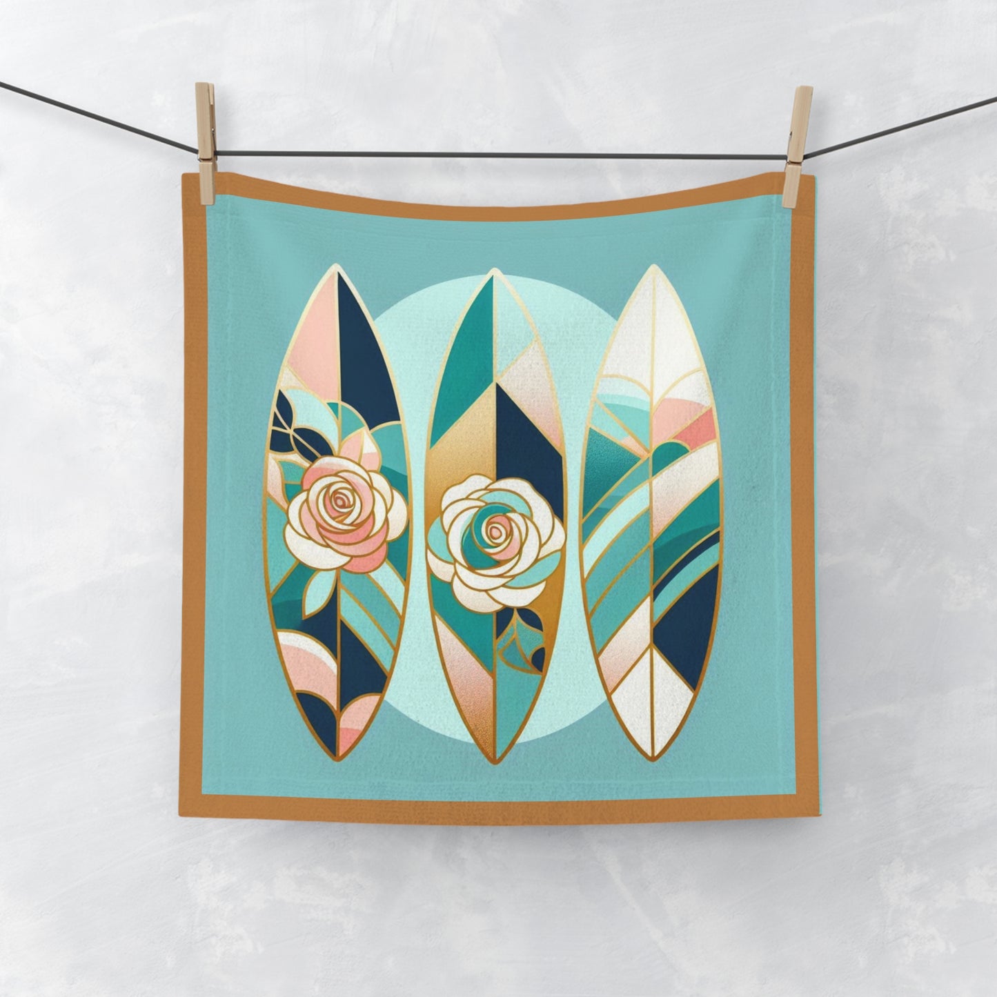 Floral Surf-Inspired Face Towel - Beach Ready Softness - Blue, Pink & Aqua Surfboard & Roses Design