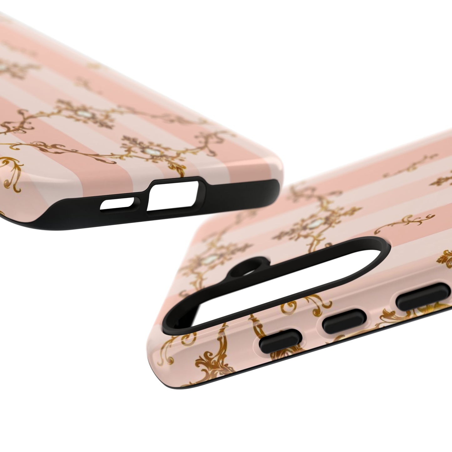 Elegant Floral Phone Case, Tough Cases for Women, Trendy Phone Cover, Chic Gift - Pink Jeweled Striped Gold Baroque