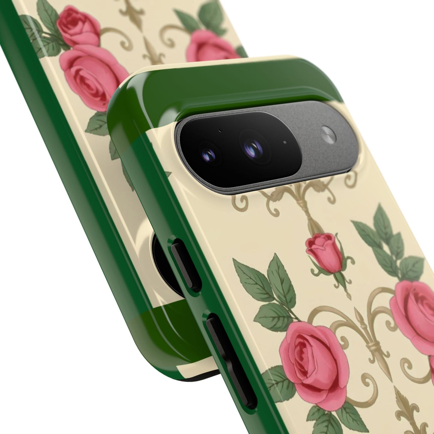 Elegant Floral Motif Phone Case - Tough Cases with Vintage Design - Green Border Roses & Damask