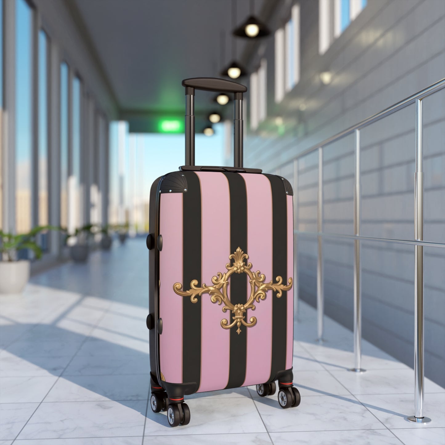 Chic Travel Suitcase with Stripes and Elegant Design, Stylish Luggage, Travel Gear - Matte Lavender & Black Striped Gold Baroque