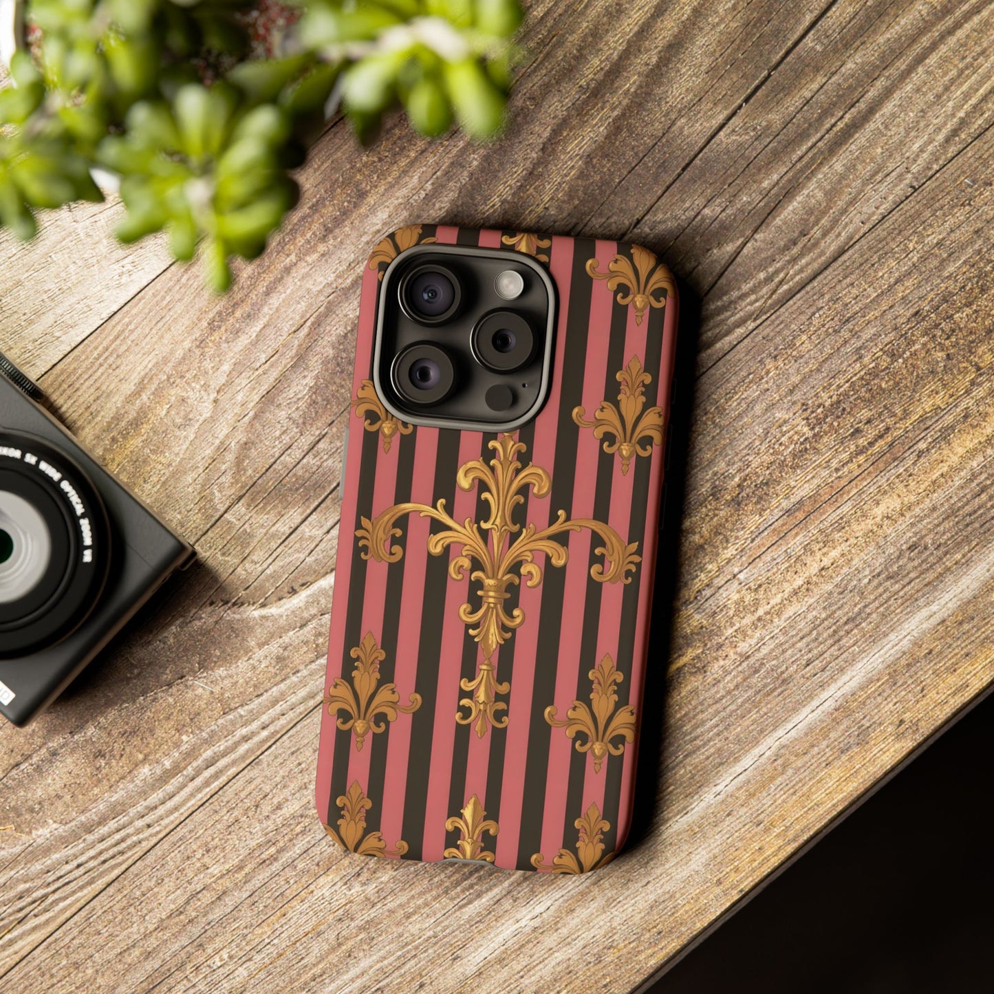 Elegant Floral Motif Phone Case - Tough Cases with Vintage Design - Mauve Striped Gold Damask