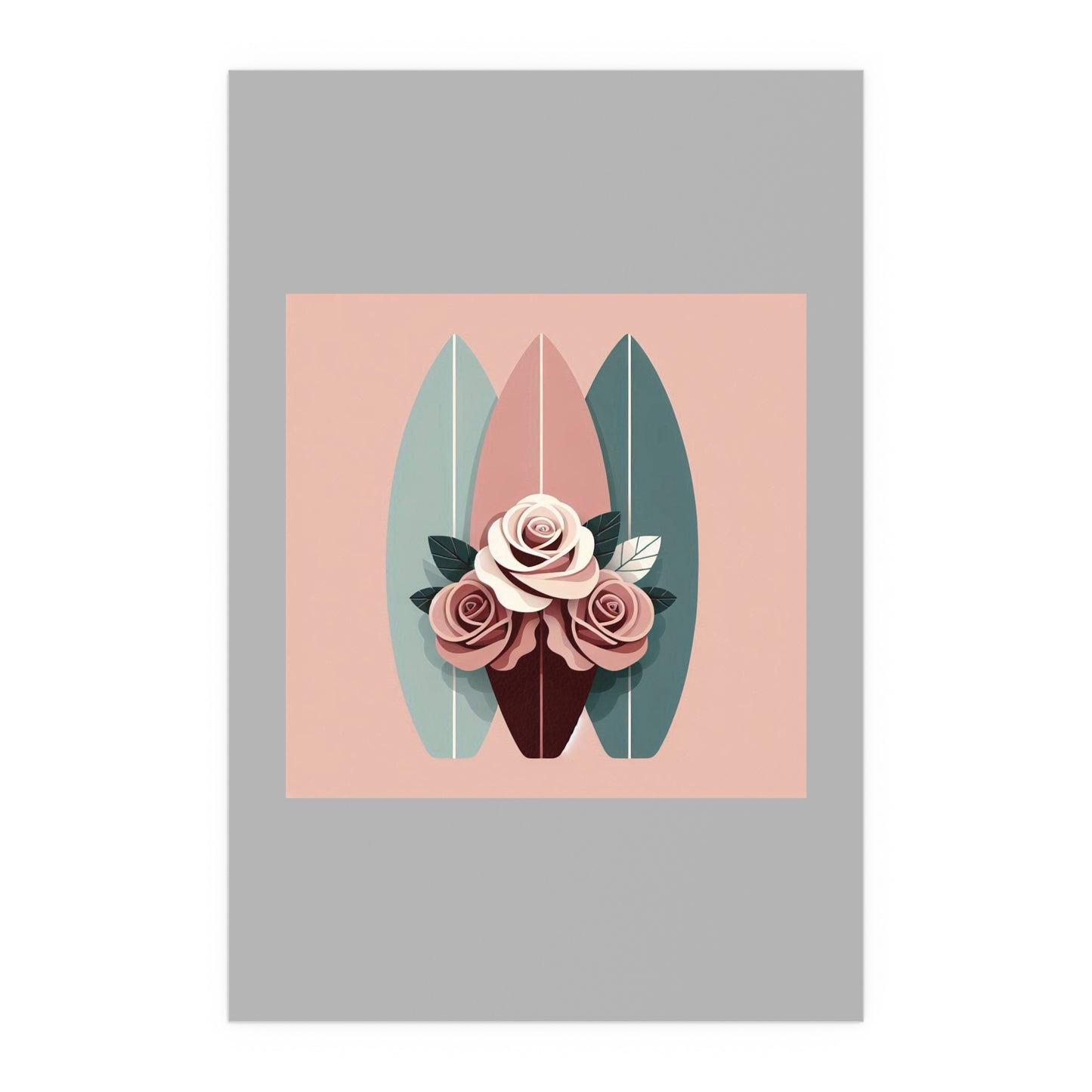 Elegant Floral Silk Poster - Indoor/Outdoor Wall Art for Home Decor - Burgundy, Matte Mauve & Teal Surfboard & Roses