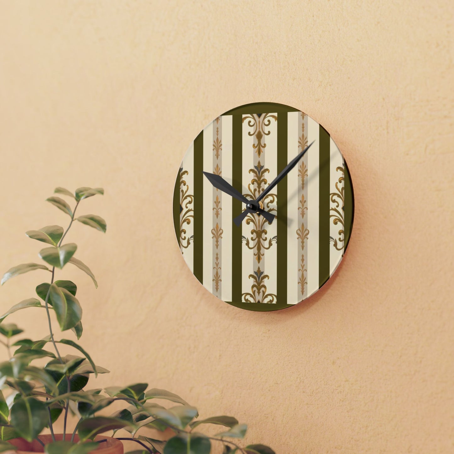 Bohemian Damask-Inspired Acrylic Wall Clock with Floral Design - Olive Striped Gold Damask