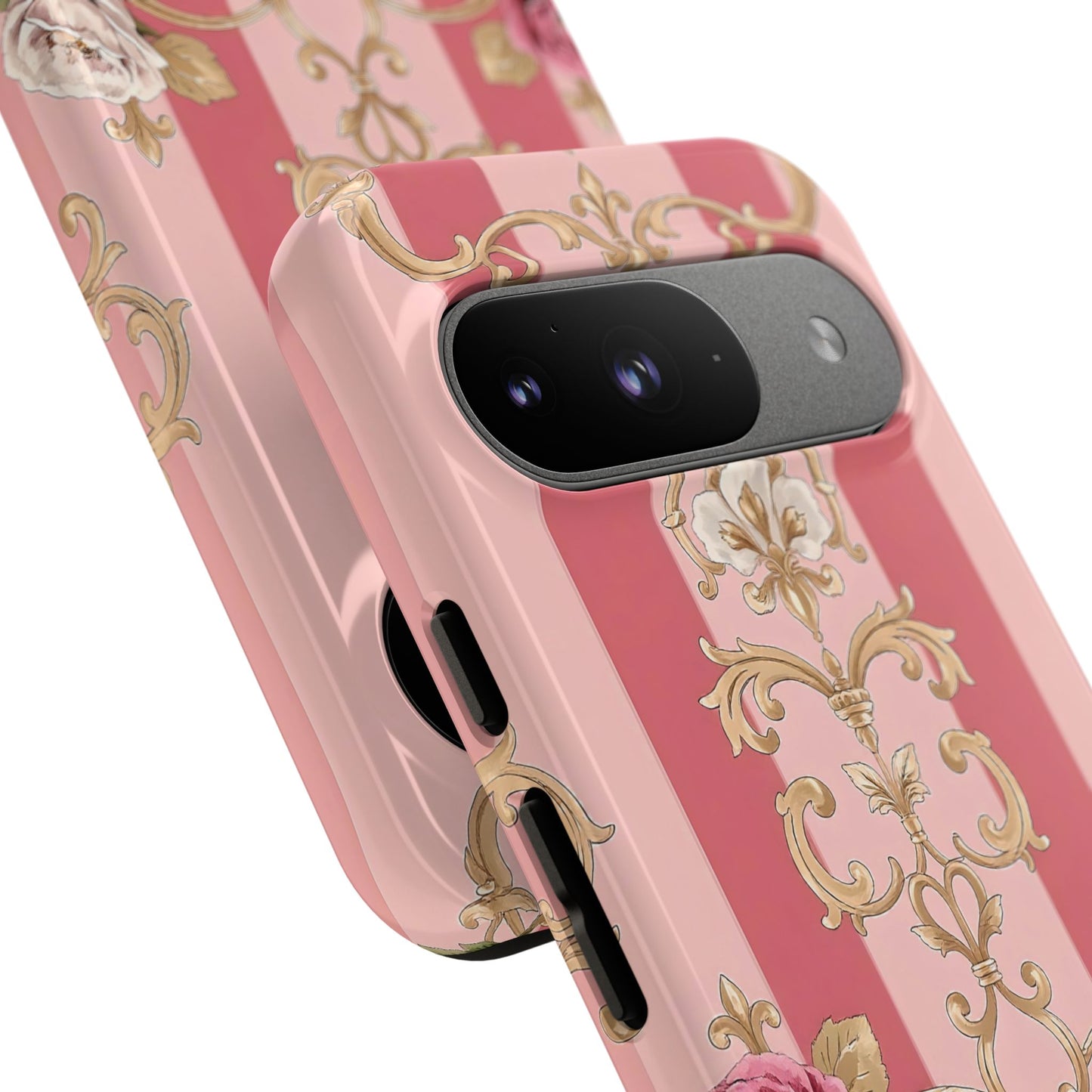 Elegant Floral Motif Phone Case - Tough Cases with Vintage Design - Pink Striped Roses & Damask