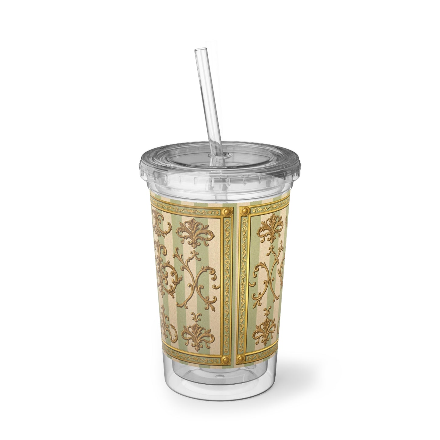 Suave Acrylic Travel Cup, Elegant Drink Tumbler for Coffee, Tea or Juice, Unique Gift for Her - Mint Green & Beige Striped Gold Baroque