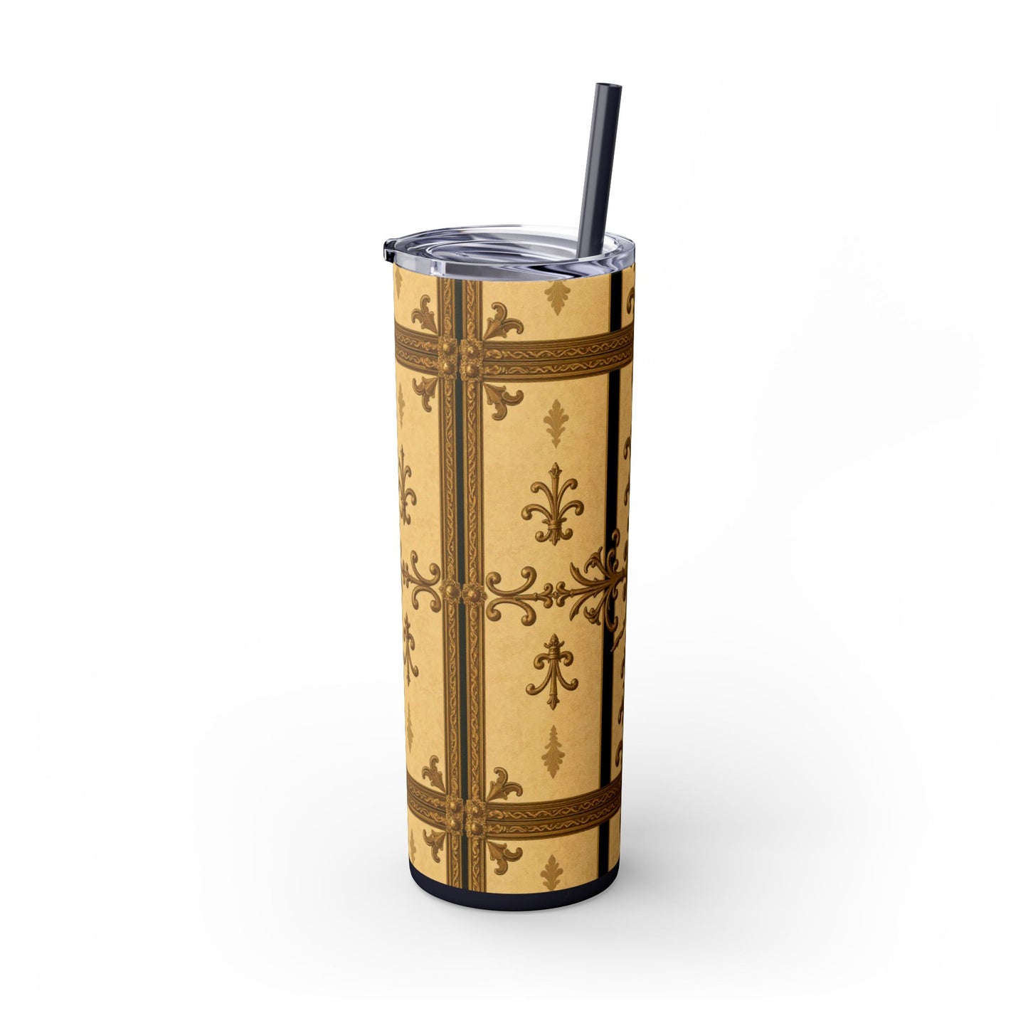 Elegant Vintage Skinny Tumbler, 20oz Insulated Drink Cup, Perfect for Home, Office, Gifts, Holidays, Travel - Matte Yellow Striped Antique Rococo