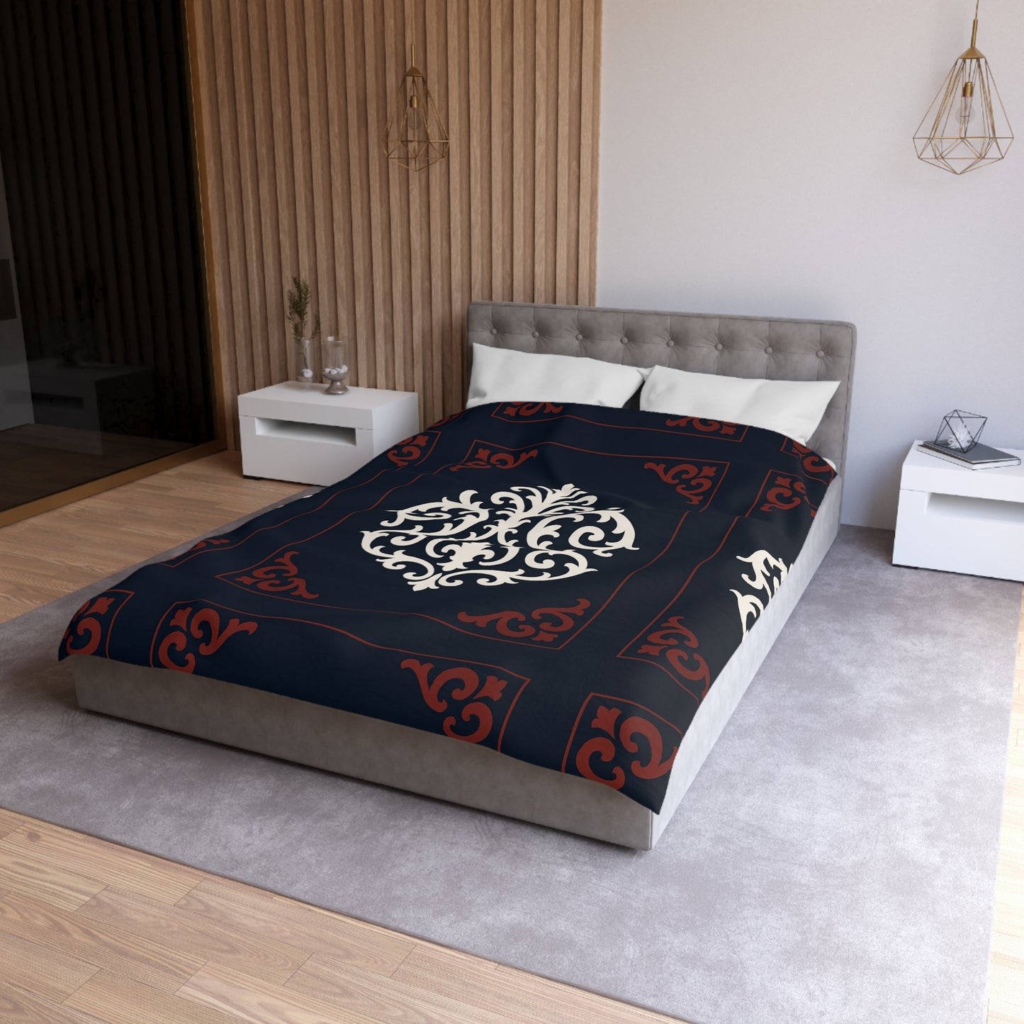 Dusk Blue-Maroon & White Baroque Microfiber Duvet Cover — Dusk Blue & White Decorative Bedding