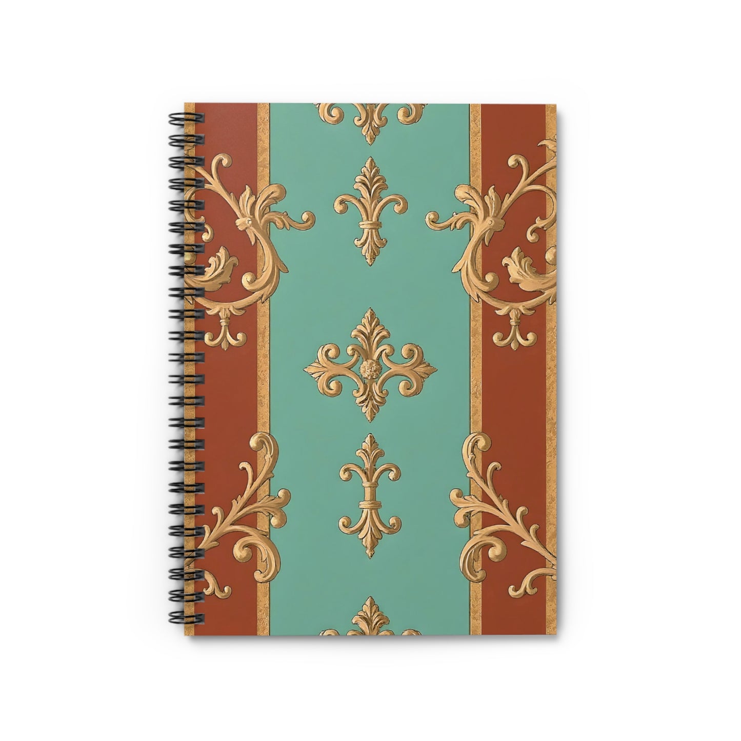 Elegant Floral Spiral Notebook - Ruled Lines | Vintage Design Journal, Writing Pad, School Supplies - Rust & Mint Aqua Striped Baroque