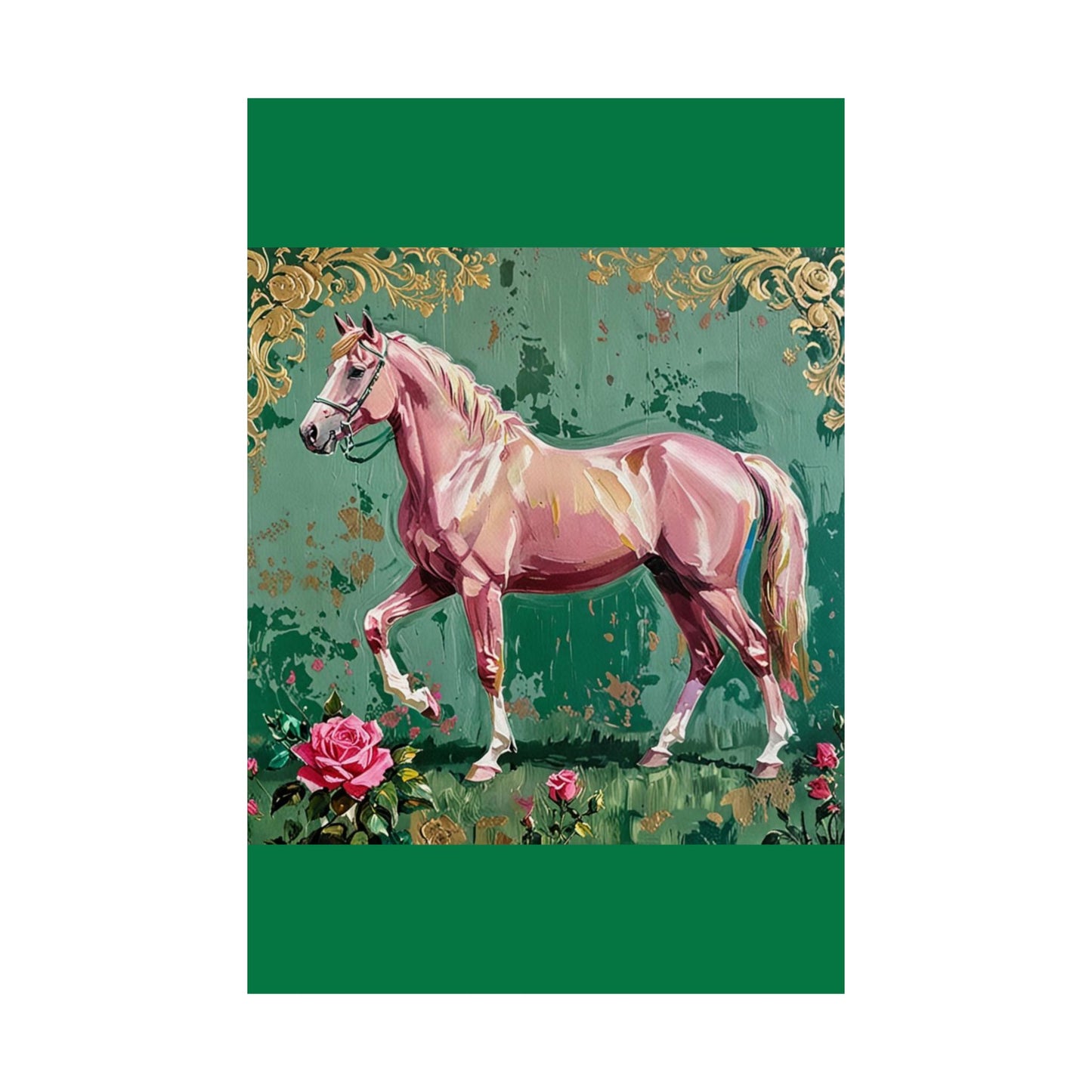 Floral Motif Art Poster - Elegant Matte Vertical Wall Decor - Pink Horse With Gold Damask & Roses