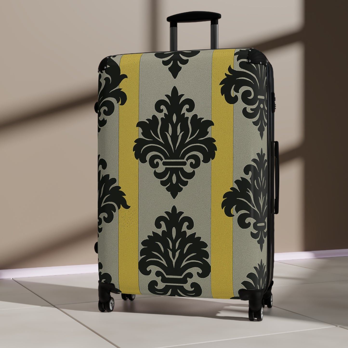 Chic Traveler Suitcase with Elegant Design for Stylish Adventures, Black Luggage, Travel Essential - Silver & Gold Striped Black Baroque