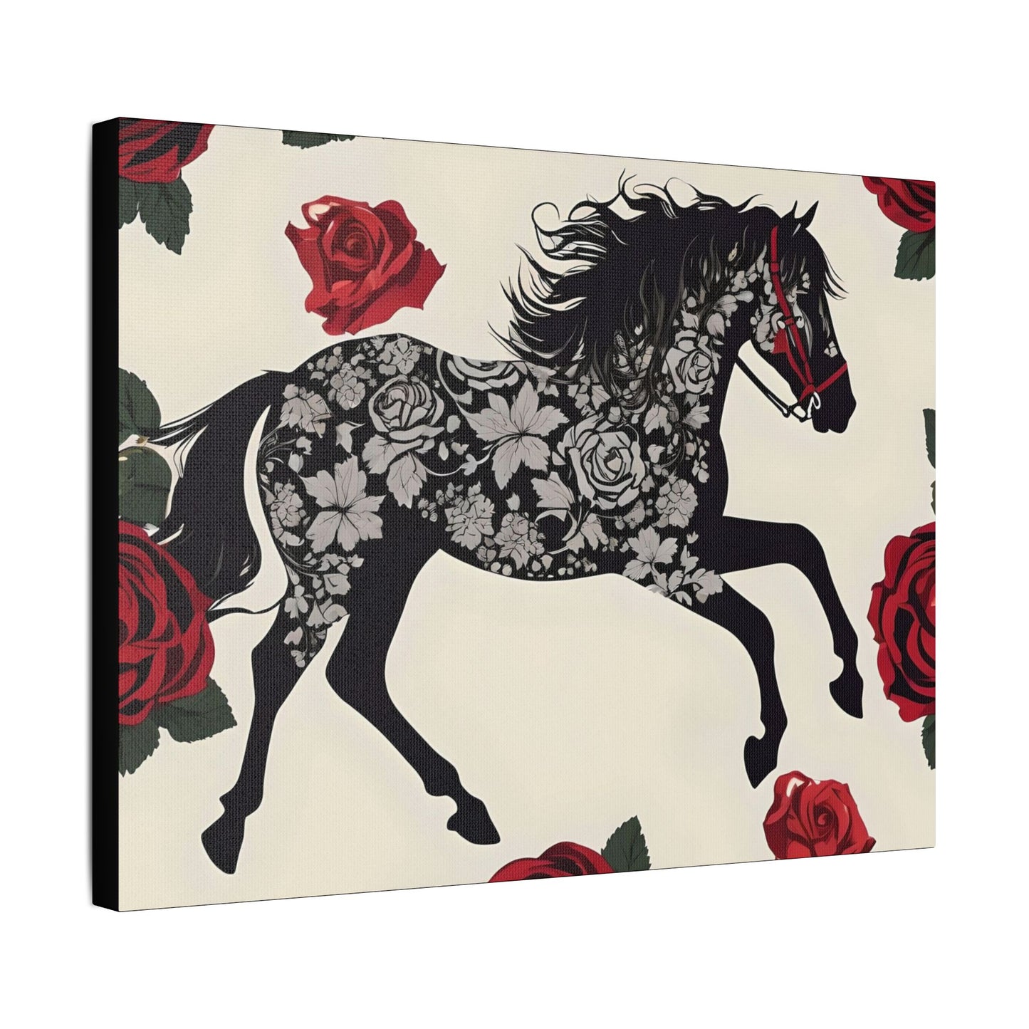 Art Print Canvas, Wall Decor, Satin Stretched Canvas, Equestrian Art, Office Decor, Home Decor - Horse & Roses