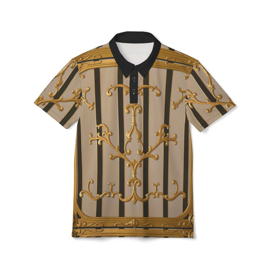 Chic Gold-Patterned Unisex Polo Shirt, Luxury Fashion, Casual Wear, Summer Events - Beige Striped Gold Rococo