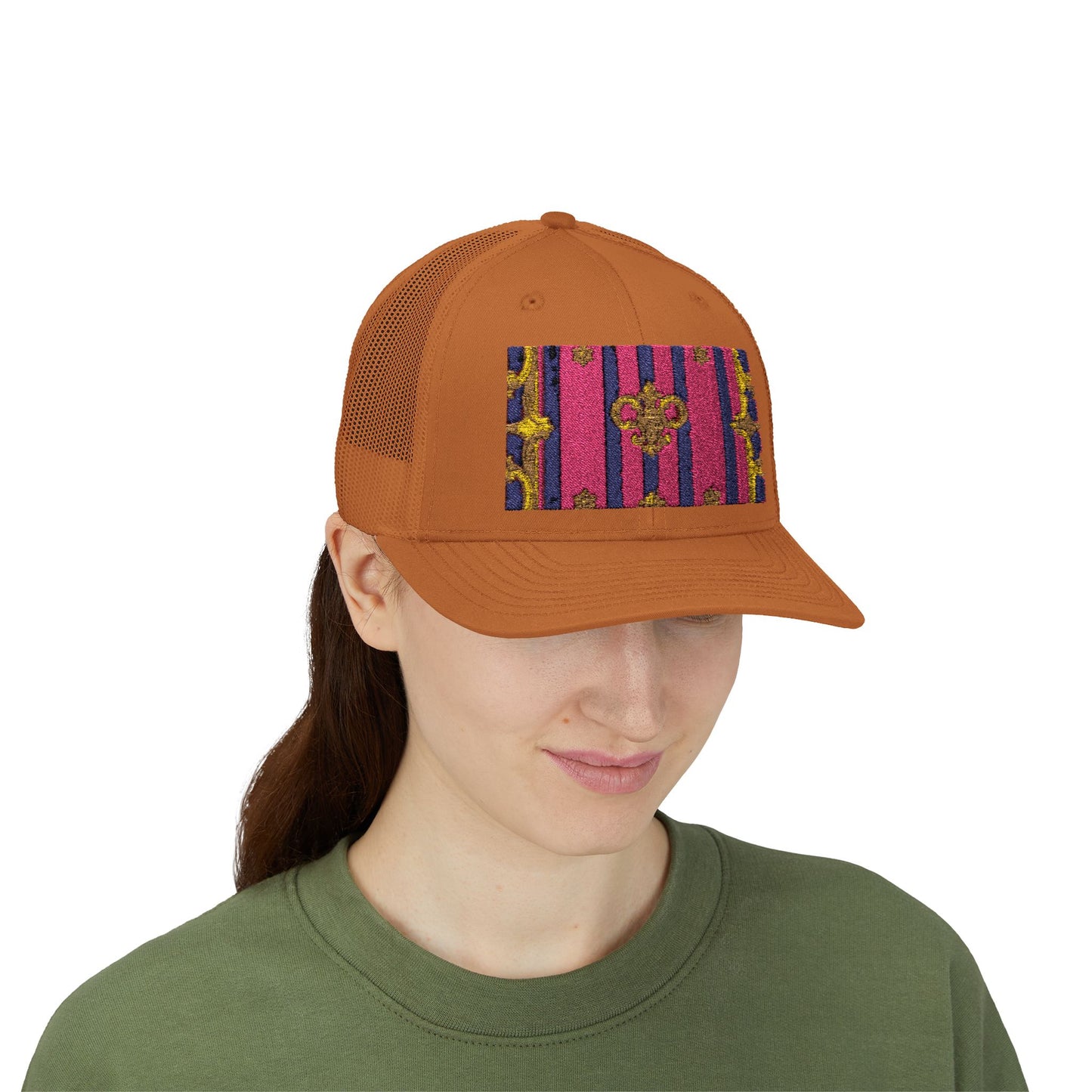 Vibrant Snapback Trucker Cap, Stylish Outdoor Hat, Trendy Fashion Accessory, Gift for Him or Her - Pink Striped Gold Baroque