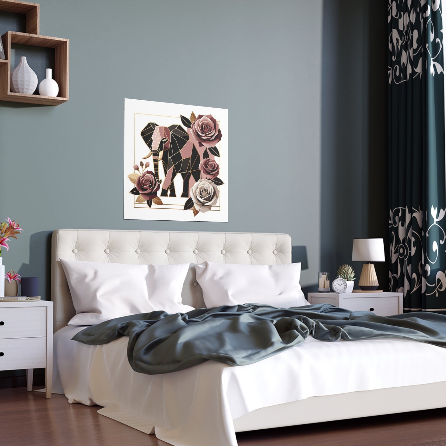 Elegant Floral Silk Poster - Indoor/Outdoor Wall Art for Home Decor - Brown & Mauve Elephant & Roses
