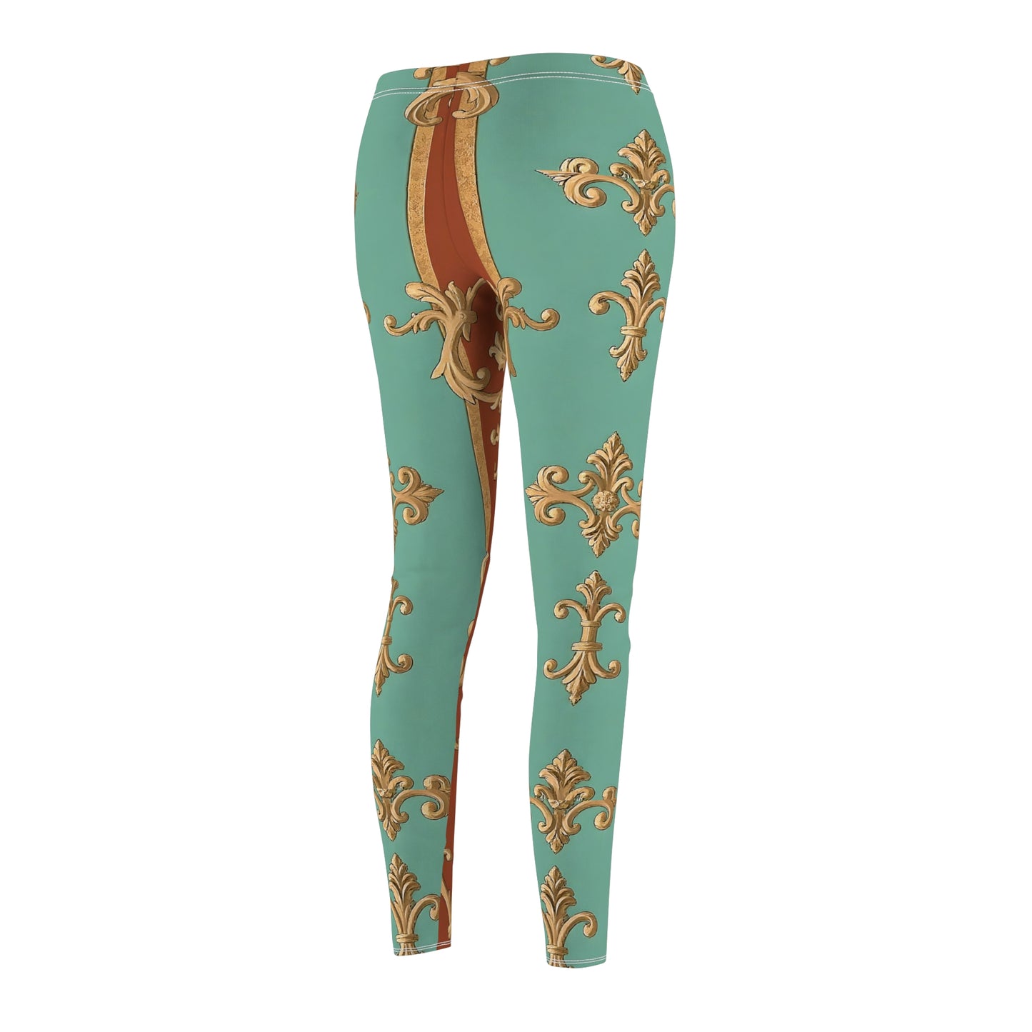 Vintage-Inspired Women’s Cut & Sew Casual Leggings | Elegant Floral Design - Rust & Mint Aqua Striped Baroque