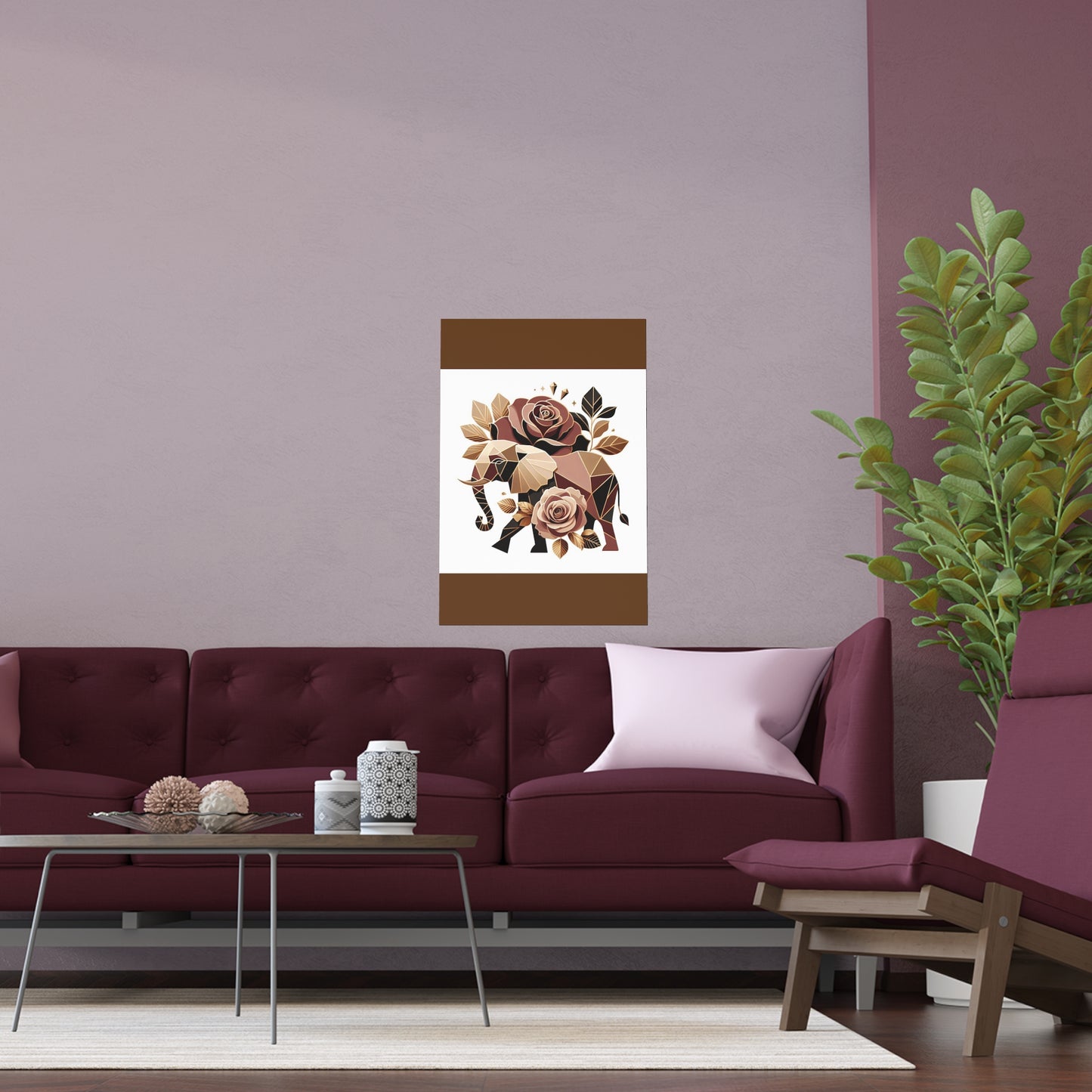 Elegant Floral Silk Poster - Indoor/Outdoor Wall Art for Home Decor - Brown & Gold Elephant & Roses