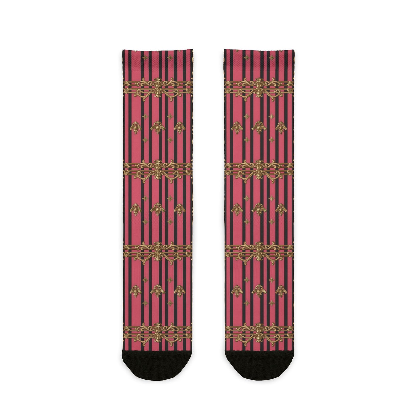 Chic Patterned Crew Socks | Fun Gift, Cozy Fashion, Unique Accessory, Everyday Wear, Stylish Socks - Pink Striped Gold Rococo