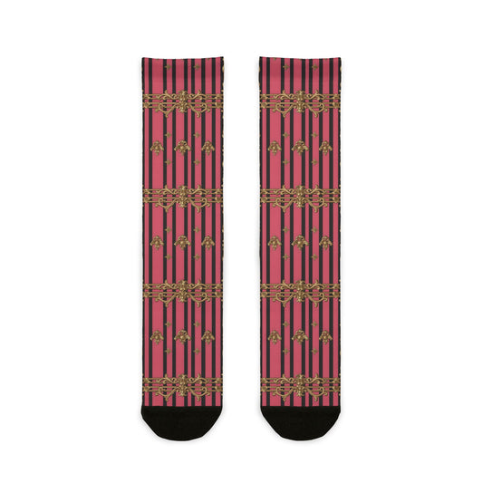 Chic Patterned Crew Socks | Fun Gift, Cozy Fashion, Unique Accessory, Everyday Wear, Stylish Socks - Pink Striped Gold Rococo