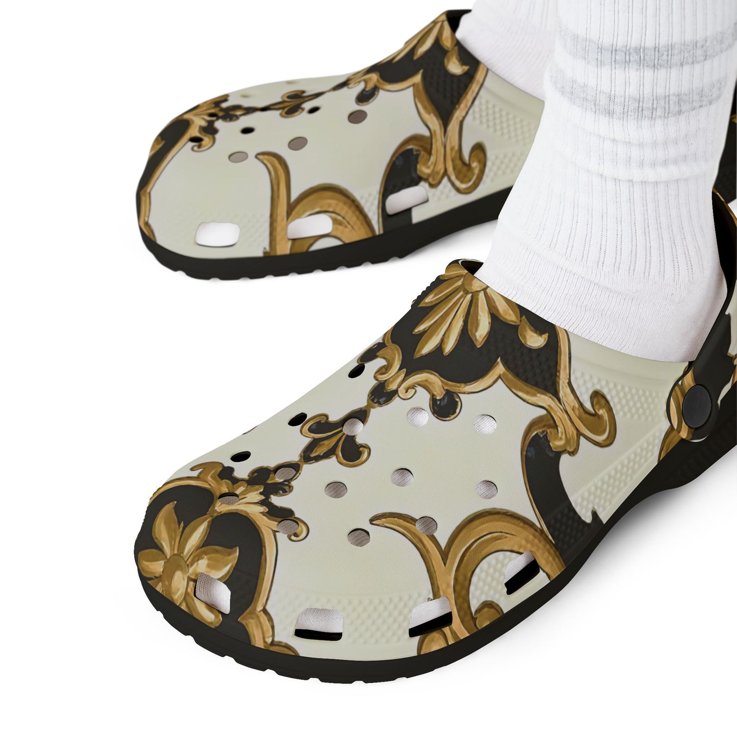 Elegant AOP EVA Foam Rubber Shoes - Stylish Comfort for Home & Outdoors, Trendy Clogs for Fashion Lovers - Black & Gold Rococo