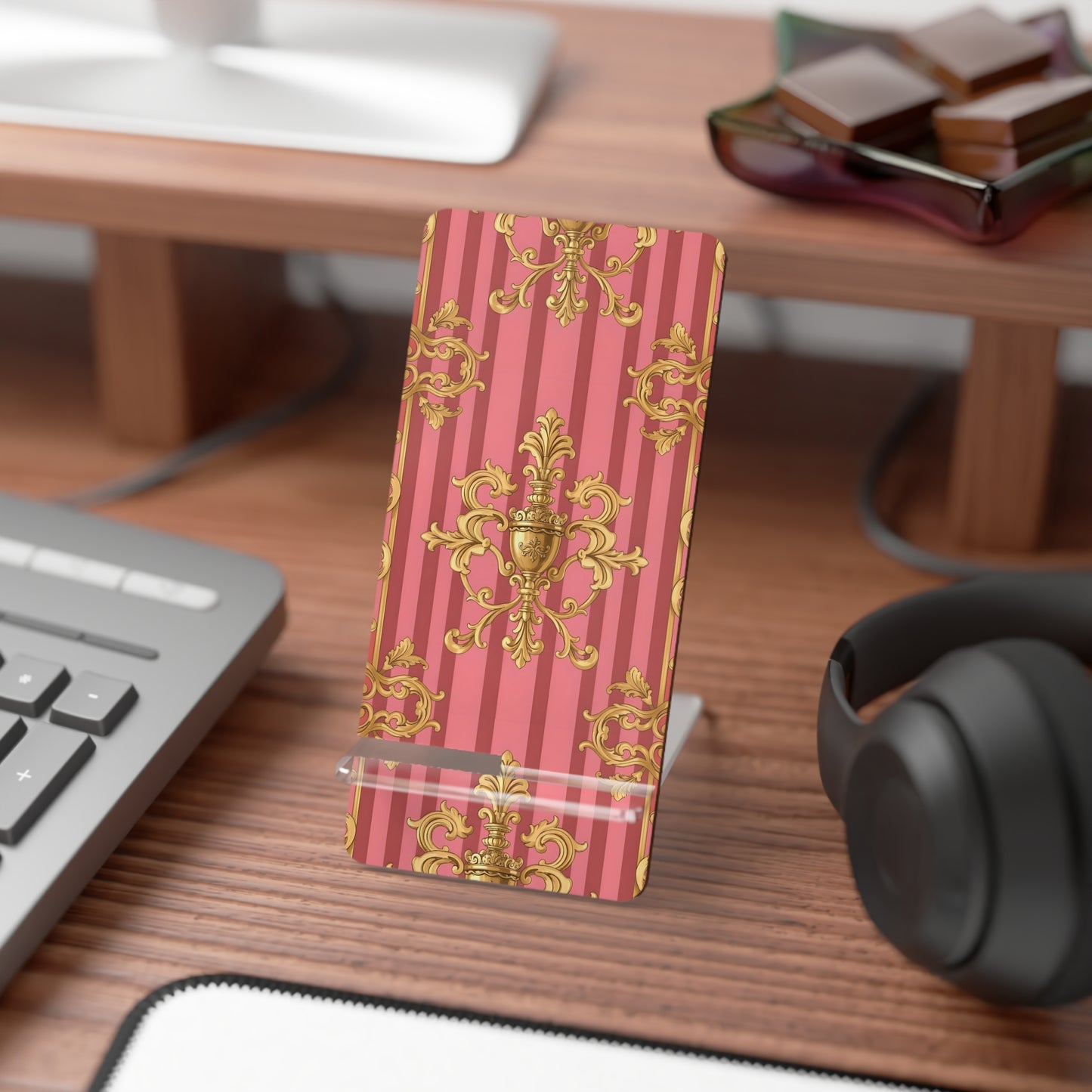 Elegant Smartphone Display Stand, Decorative Phone Holder, Chic Desk Accessory, Stylish Gift for Her - Pink Striped Gold Baroque