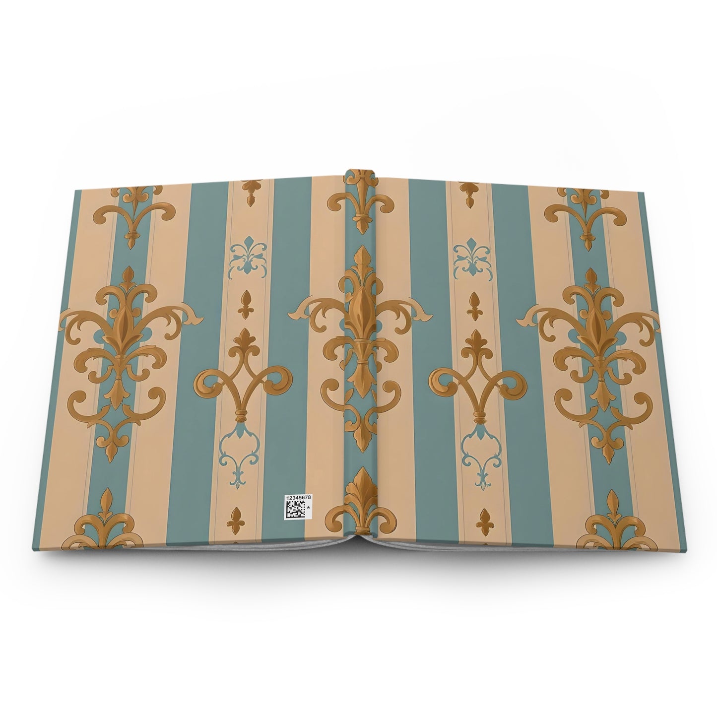 Elegant Floral Motif Hardcover Journal - Stylish Writing Notebook -  Beige & Sky Blue Striped Gold Damask