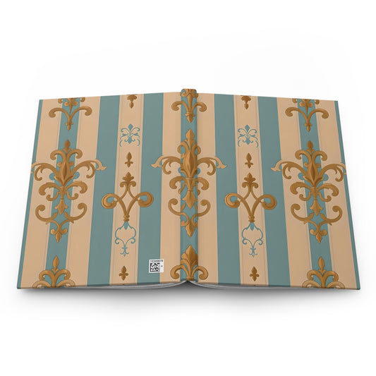Elegant Floral Motif Hardcover Journal - Stylish Writing Notebook -  Beige & Sky Blue Striped Gold Damask