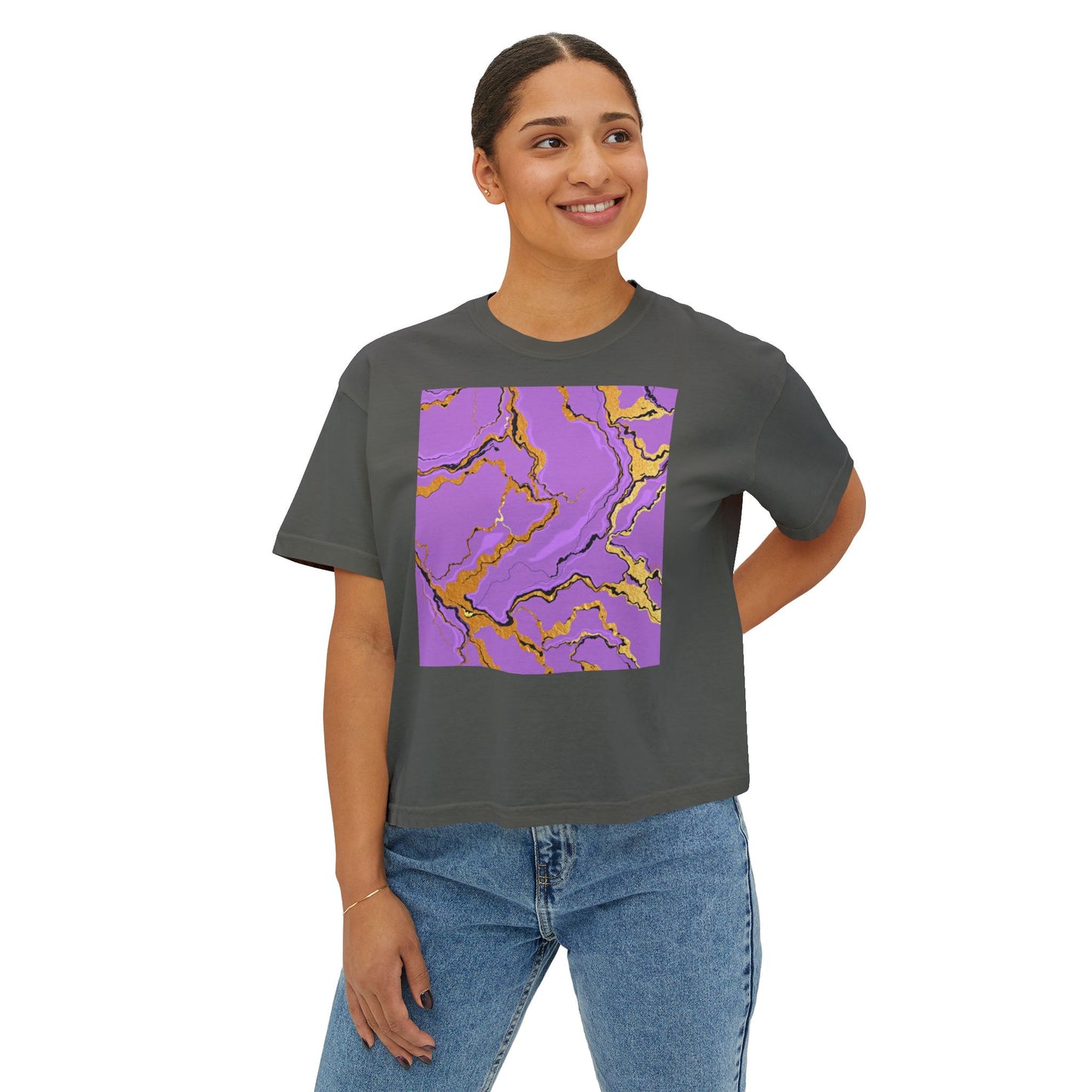 Chic Women's Boxy Tee with Purple Marble Design, Casual Top, Summer Fashion, Gift for Her, Trendy Graphic Tee