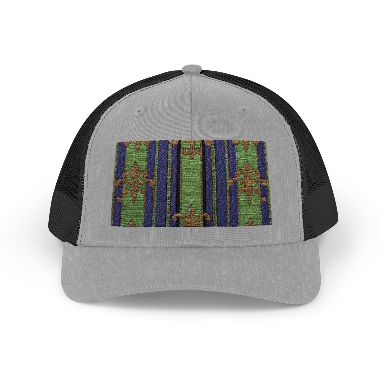 Vibrant Snapback Trucker Cap with Colorful Pattern, Baroque Hat for Festivals, Unisex Cap, Summer Accessory - Green Striped Gold Baroque