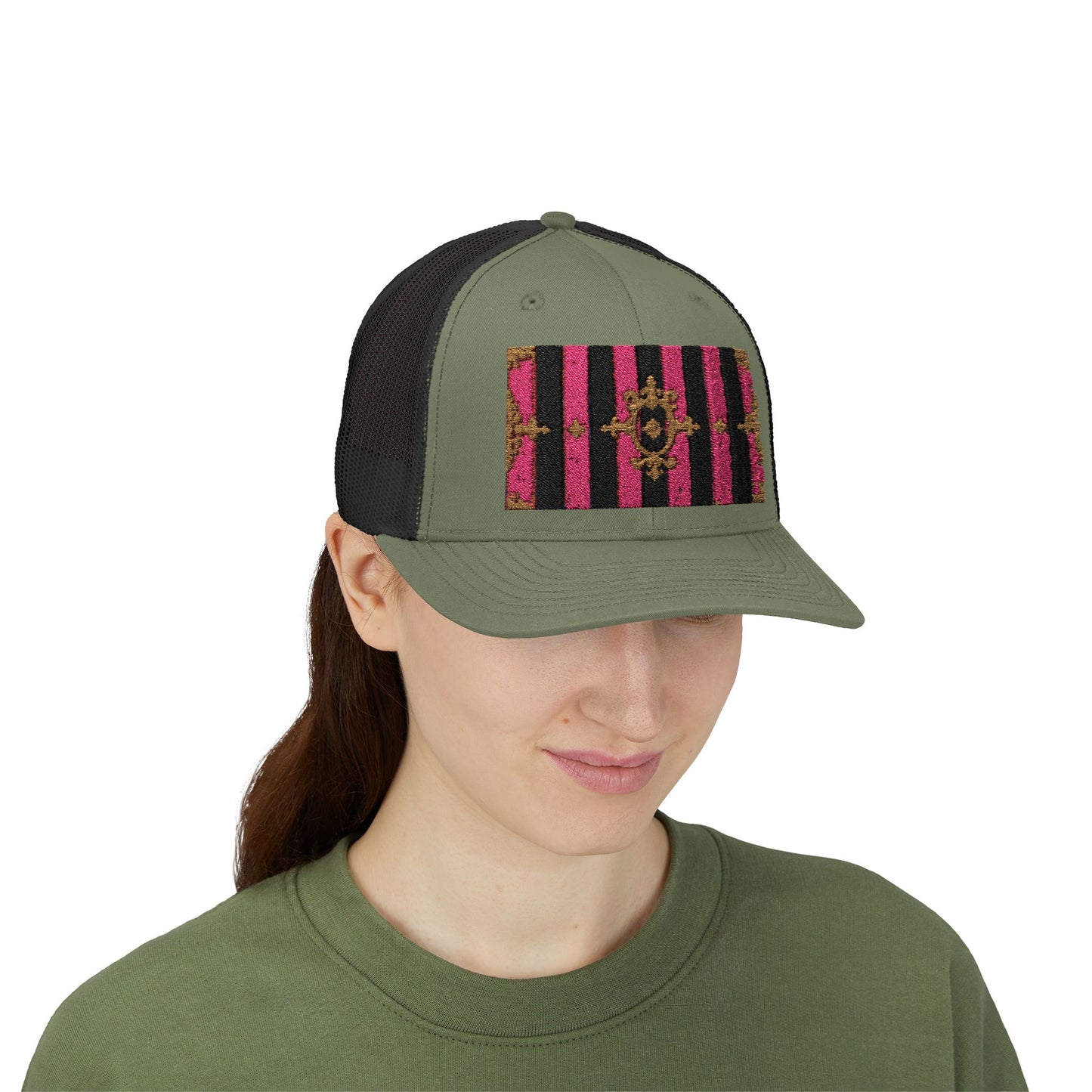 Stylish Snapback Trucker Cap with Black & Mauve Striped Gold Baroque, Trendy Fashion Hat, Perfect Gift for Him/Her