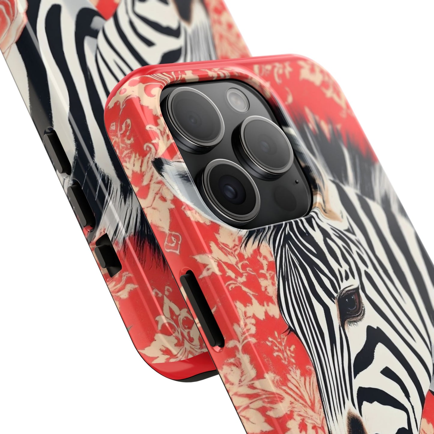 Zebra Tough Phone Case - Trendy Floral Design for Animal Lovers - Zebra With Coral Roses & Damask