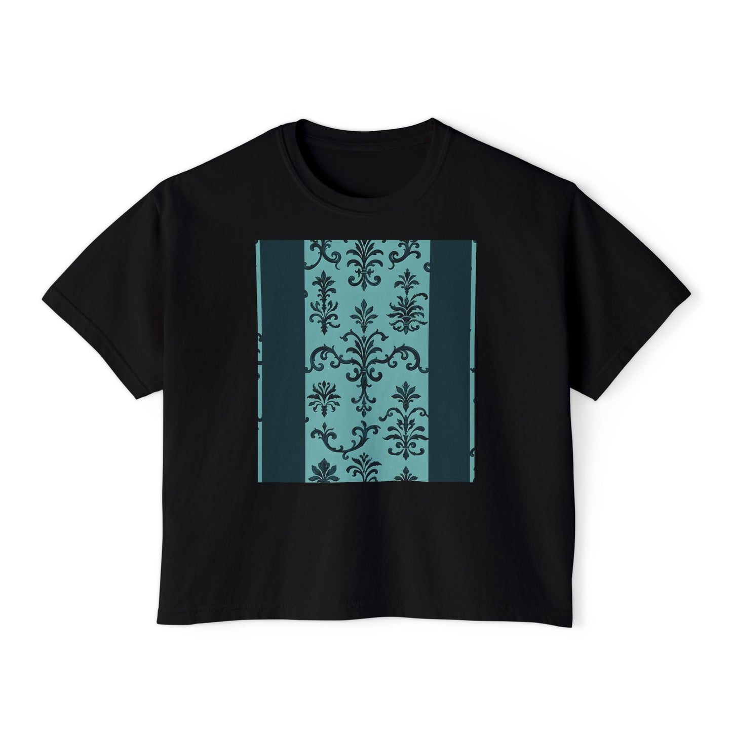 Women's Boxy Tee with Vintage Floral Design, Casual Top, Everyday Wear, Gifts for Her, Summer Fashion, Vintage Style T-Shirt - Teal Striped Rococo