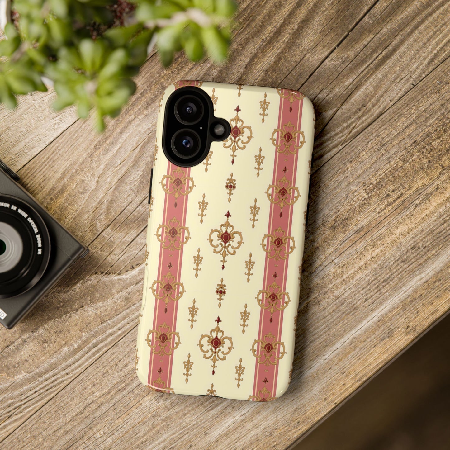 Elegant Floral Motif Phone Case - Tough Cases with Vintage Design - Mauve Striped Gold Damask