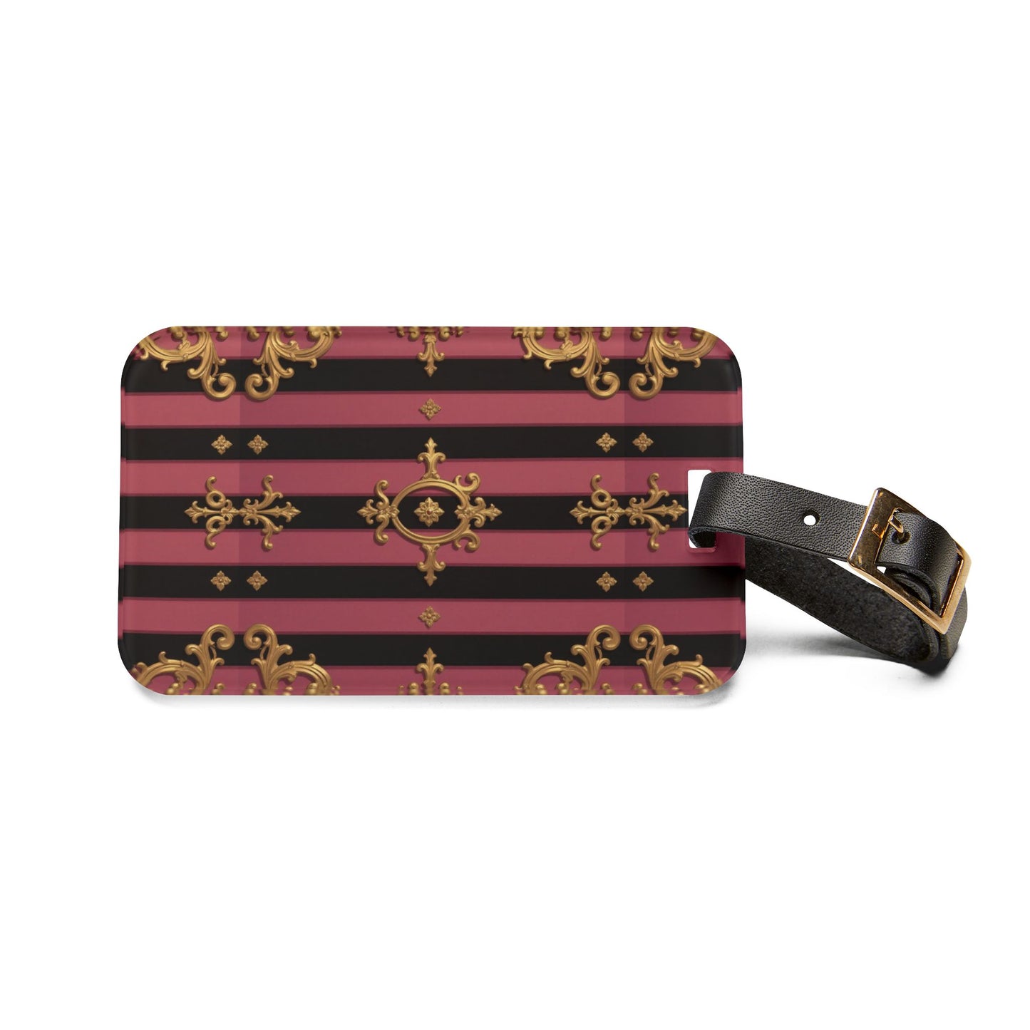 Stylish Black & Mauve Striped Gold Baroque Luggage Tag,  Travel Accessory, Personalized Gift for Travelers, Custom Luggage Tag