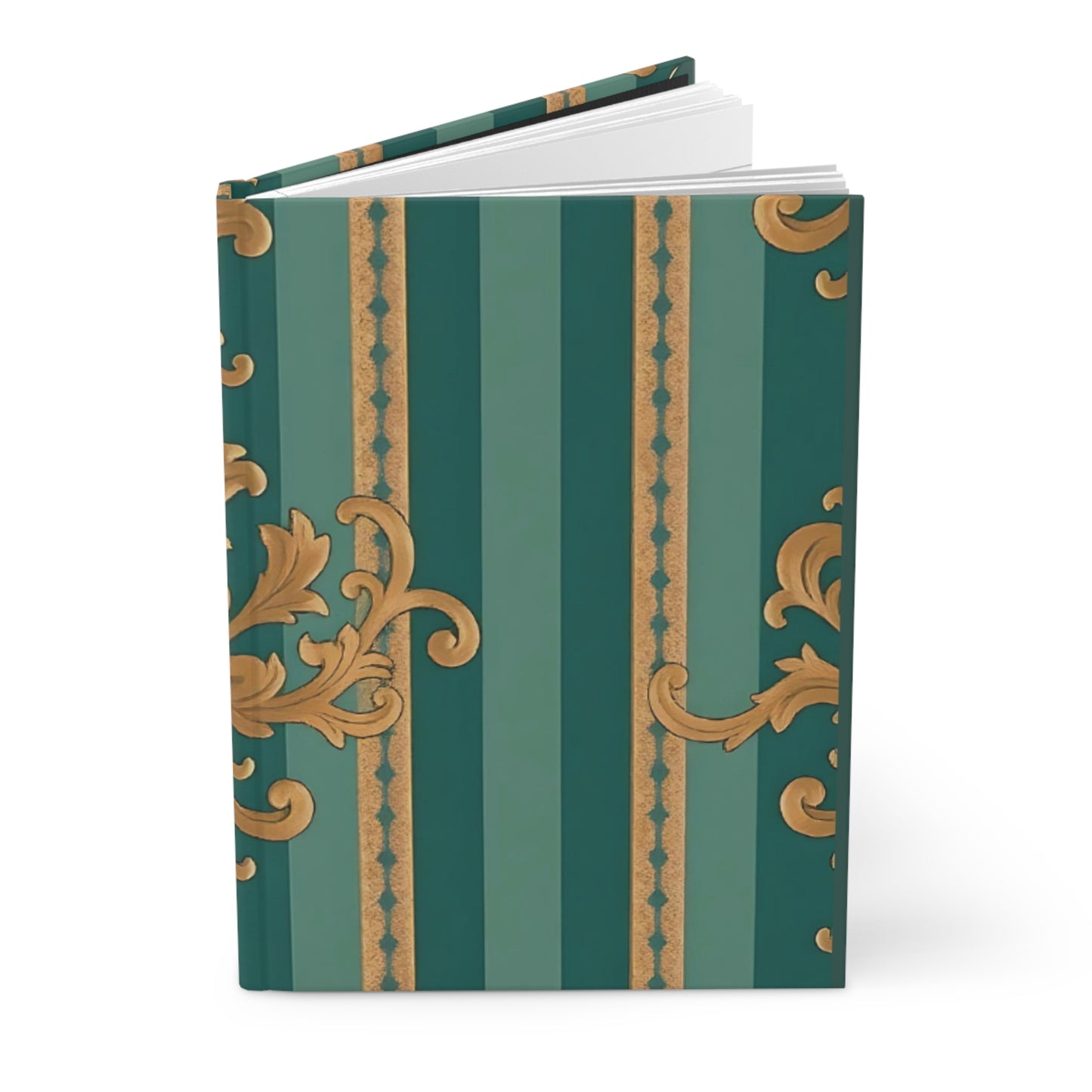 Elegant Floral Motif Hardcover Journal - Stylish Writing Notebook - Teal Striped Gold Damask