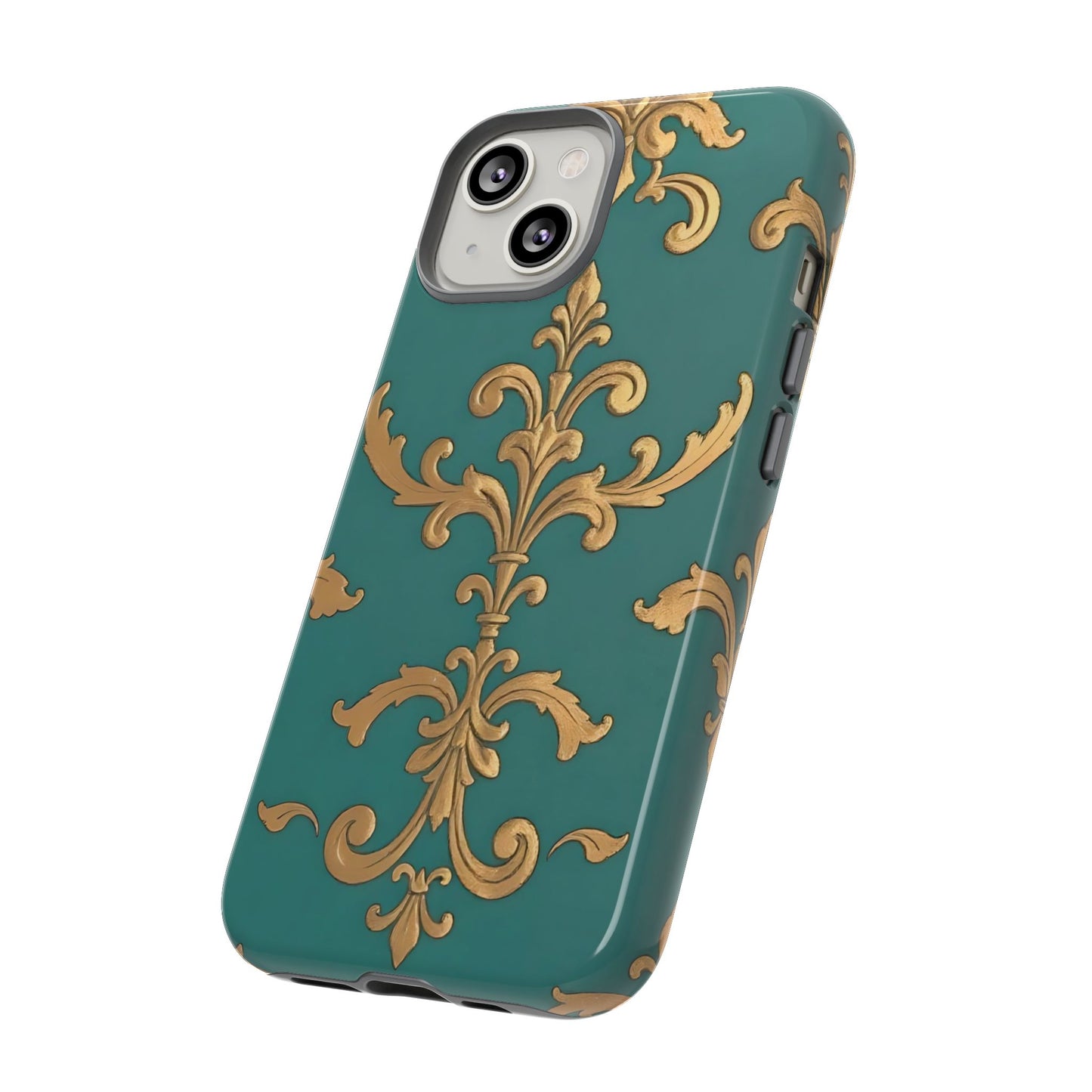 Elegant Floral Motif Phone Case - Tough Cases with Vintage Design - Aqua & Gold Damask